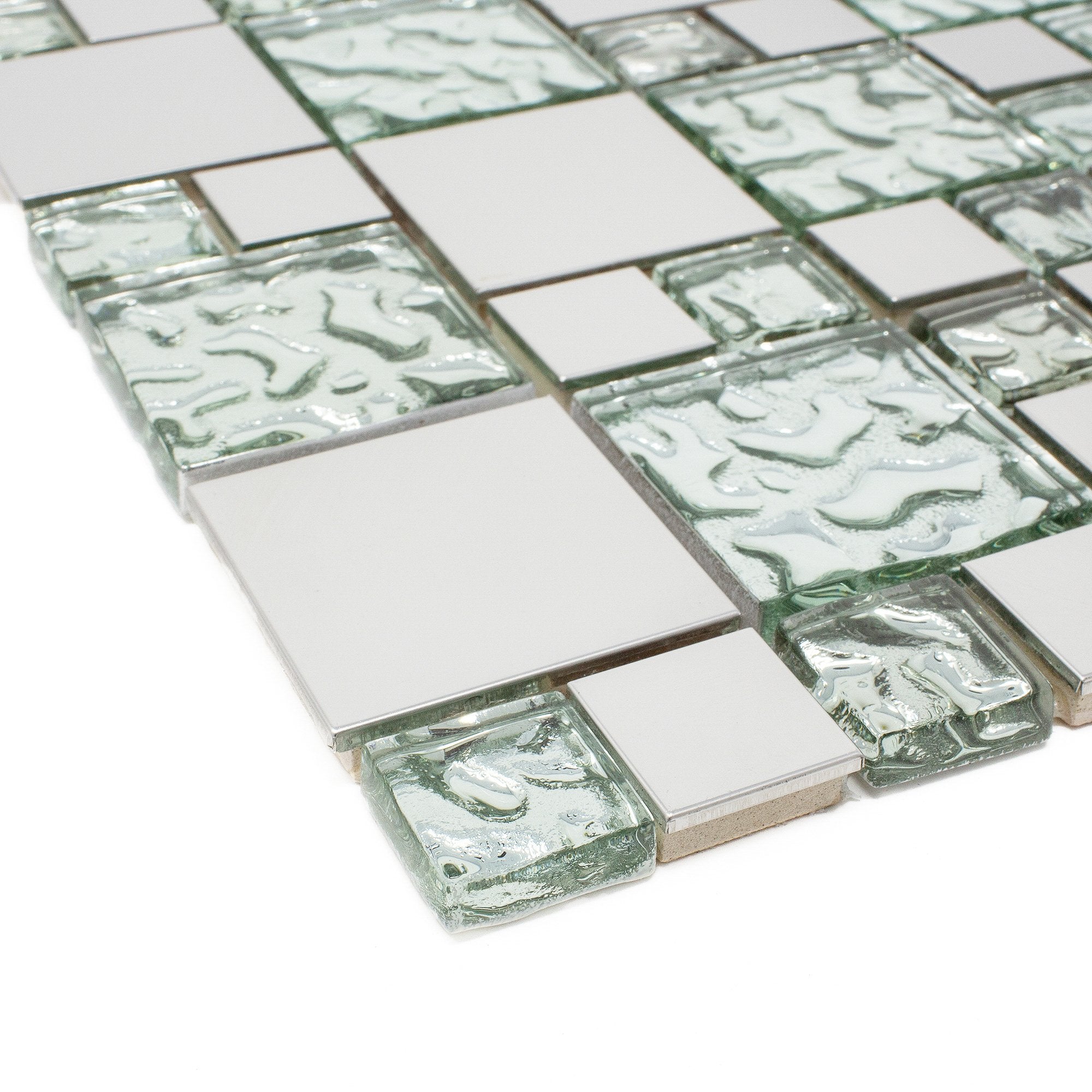 Mint Green Glass and Stainless Steel Random Square Mosaic Tile