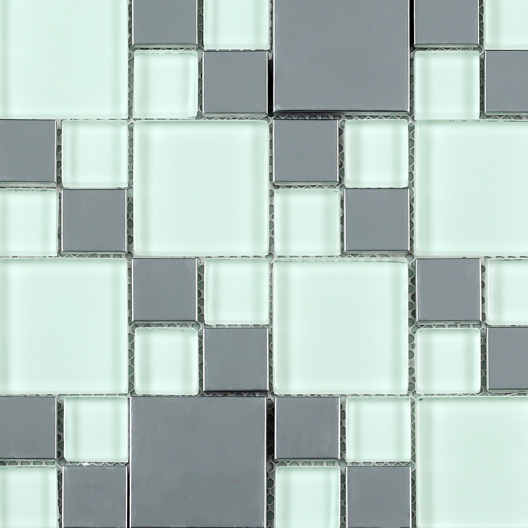 Mint White Glass and Stainless Steel Random Square Mosaic Tile