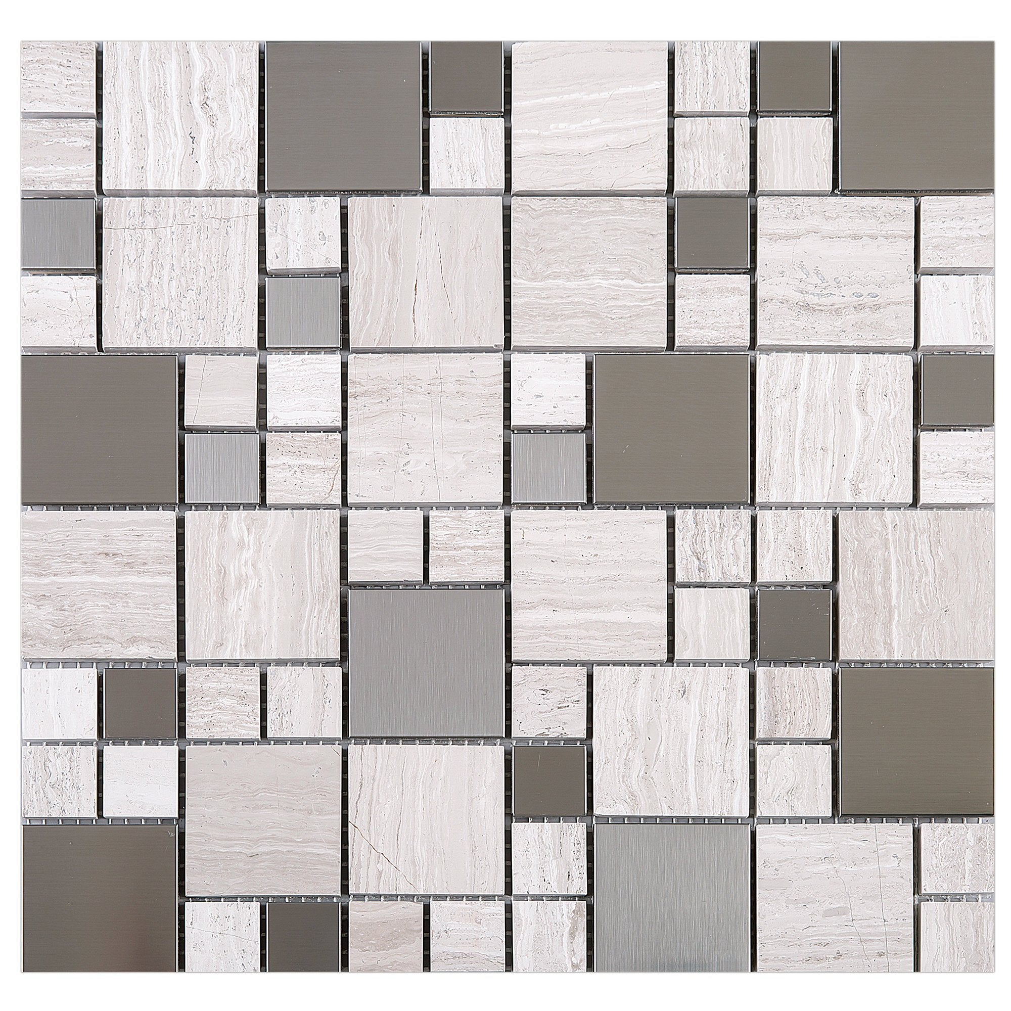 Light Wooden Beige Marble and Stainless Steel  Random Square Mosaic Tile