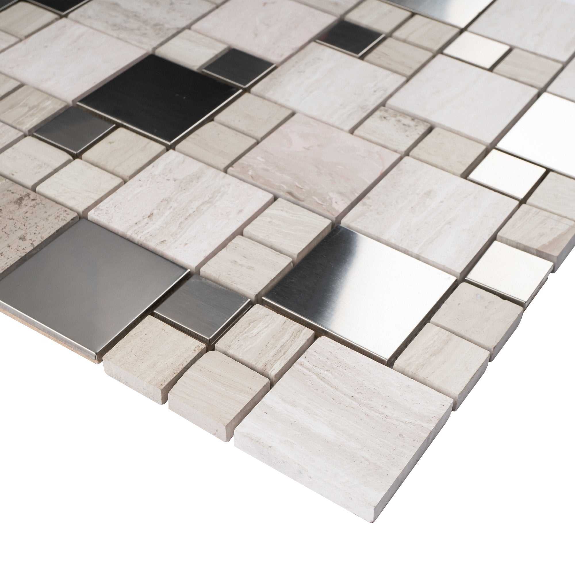 Light Wooden Beige Marble and Stainless Steel  Random Square Mosaic Tile