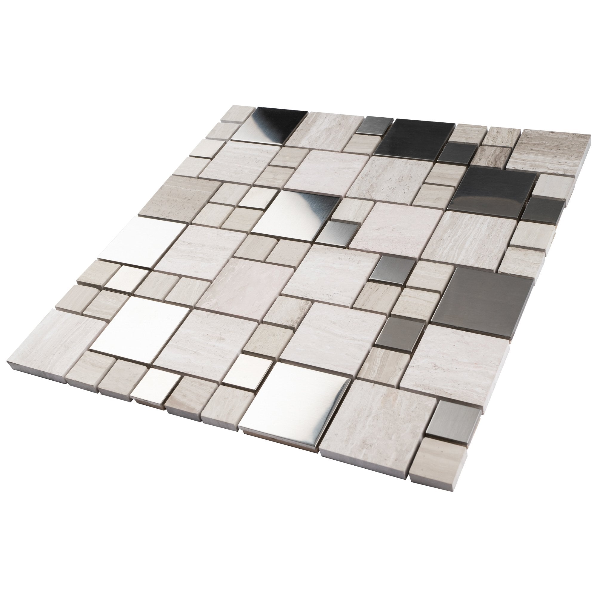 Light Wooden Beige Marble and Stainless Steel  Random Square Mosaic Tile