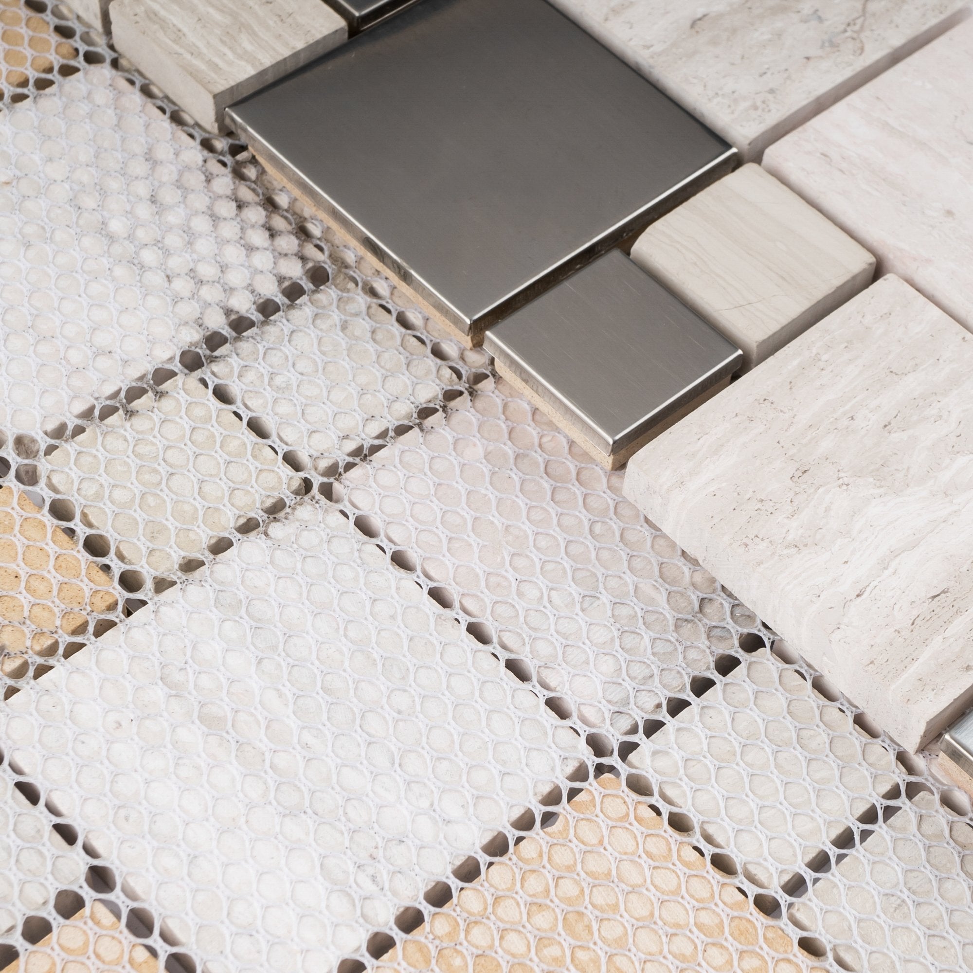 Light Wooden Beige Marble and Stainless Steel  Random Square Mosaic Tile