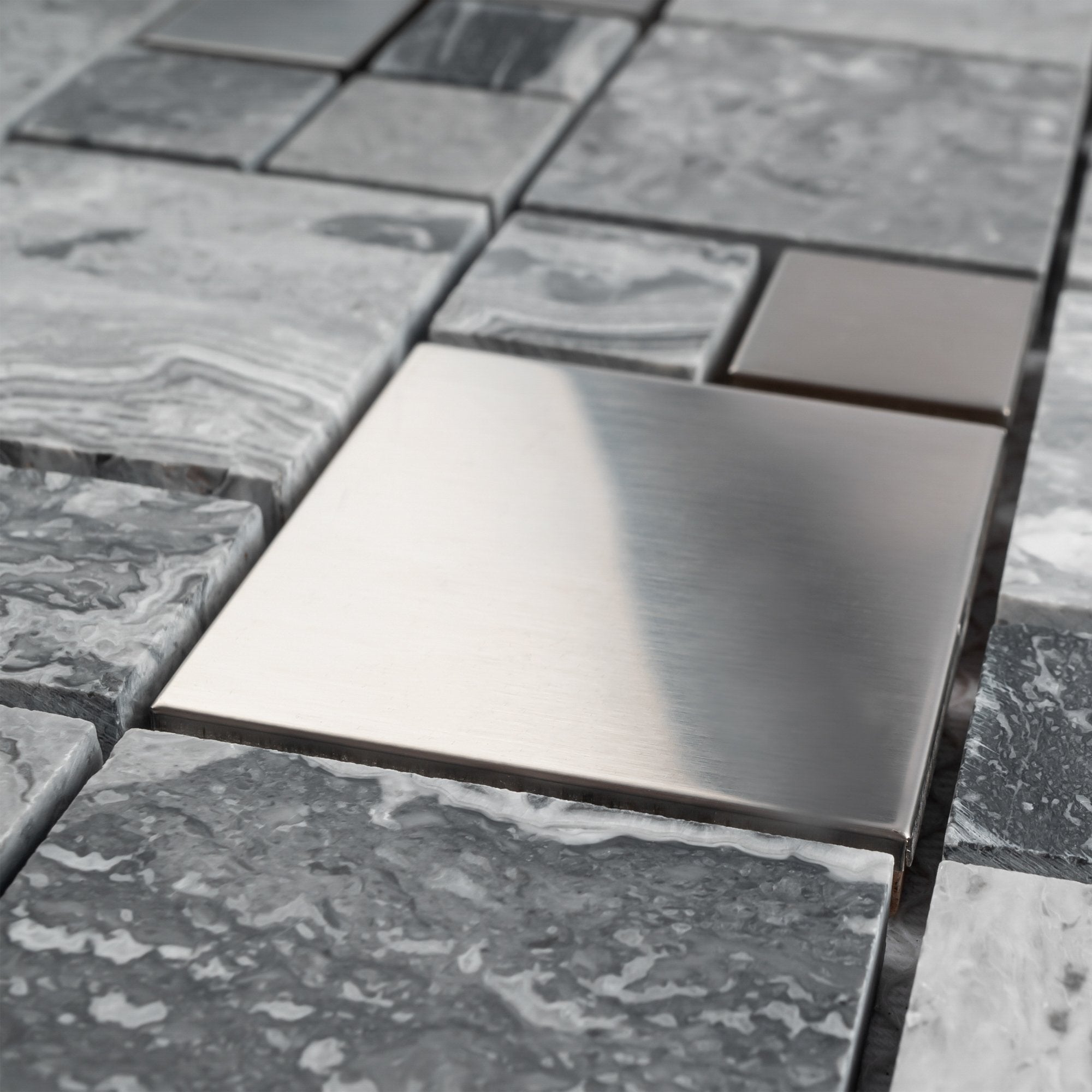 Grey Marble and Stainless Steel Random Square Mosaic Tile