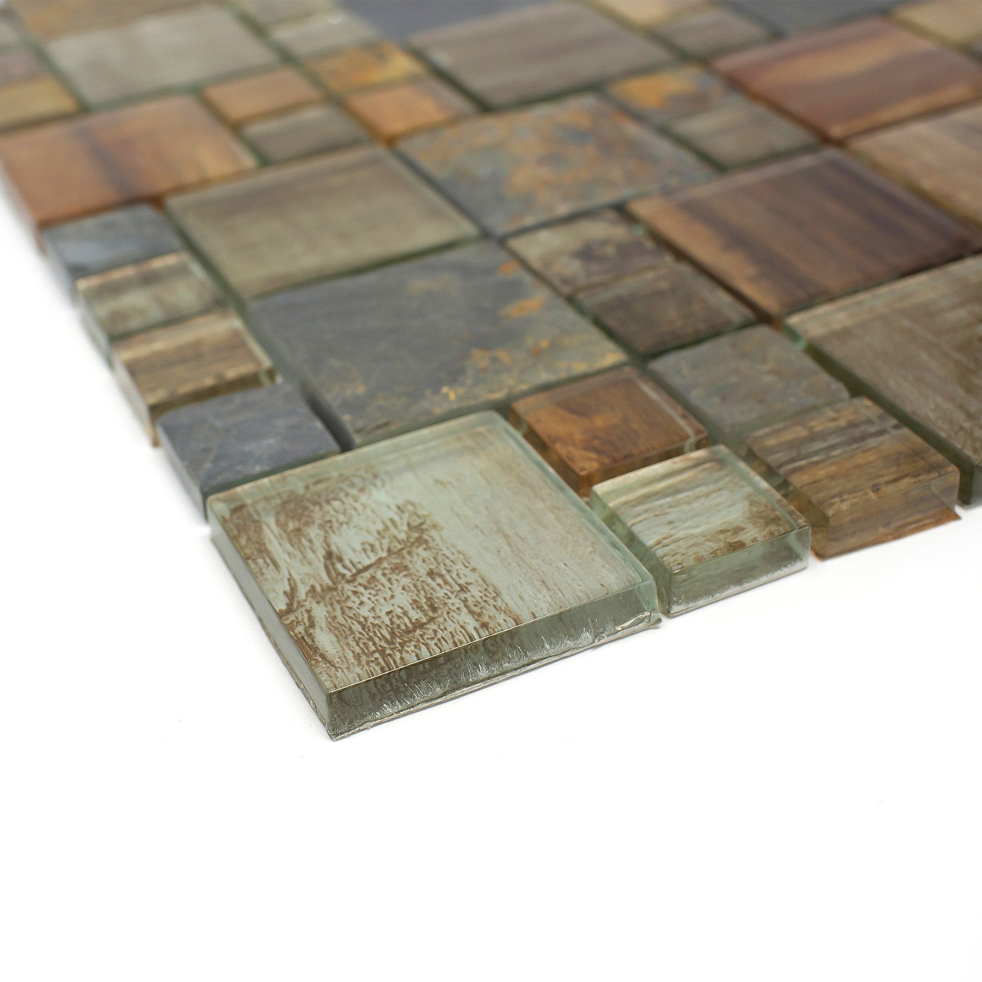 Brown Wood Look Glass and Natural Stone Random Square Mosaic Tile