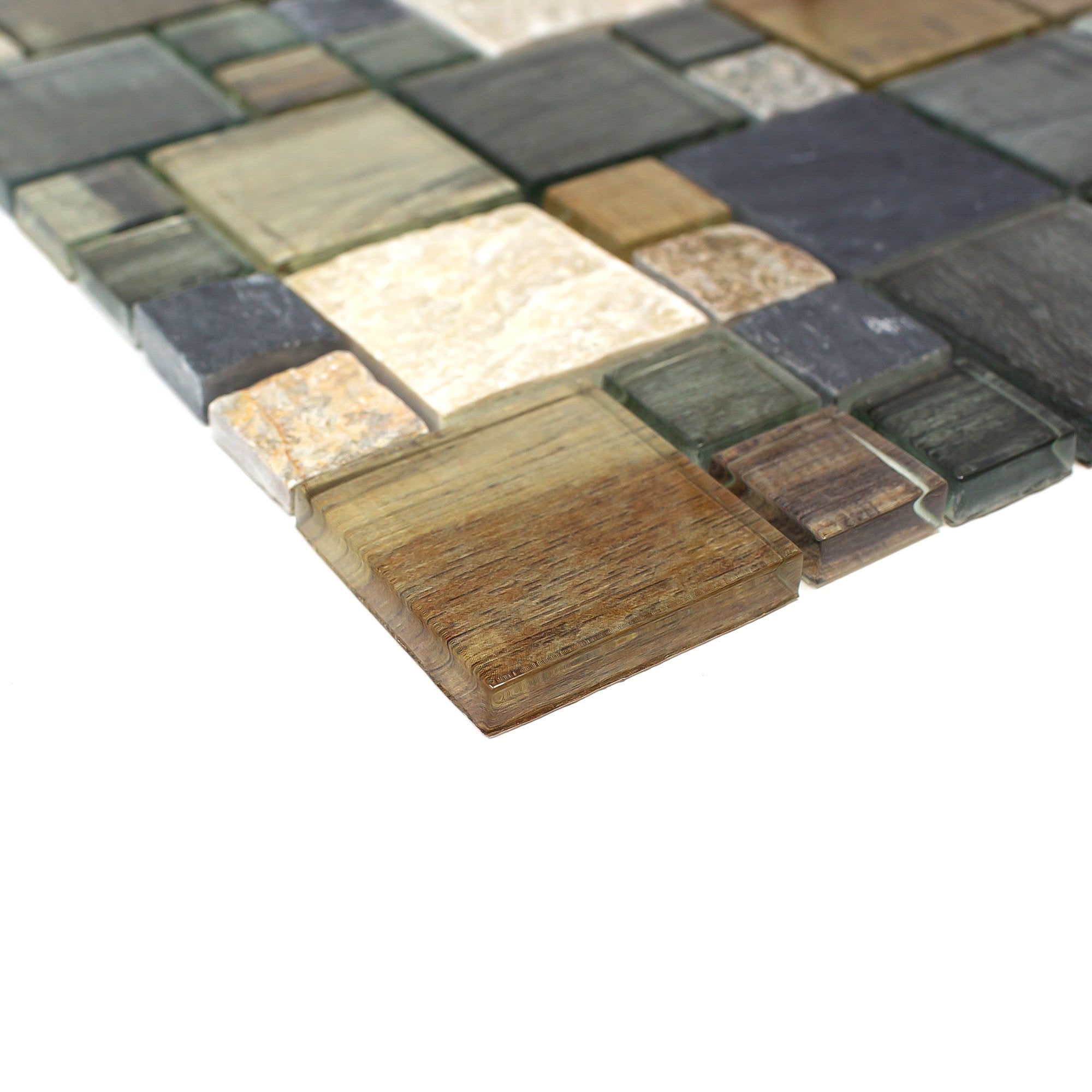 Grey Wood Look Glass and Natural Stone Random Square Mosaic Tile