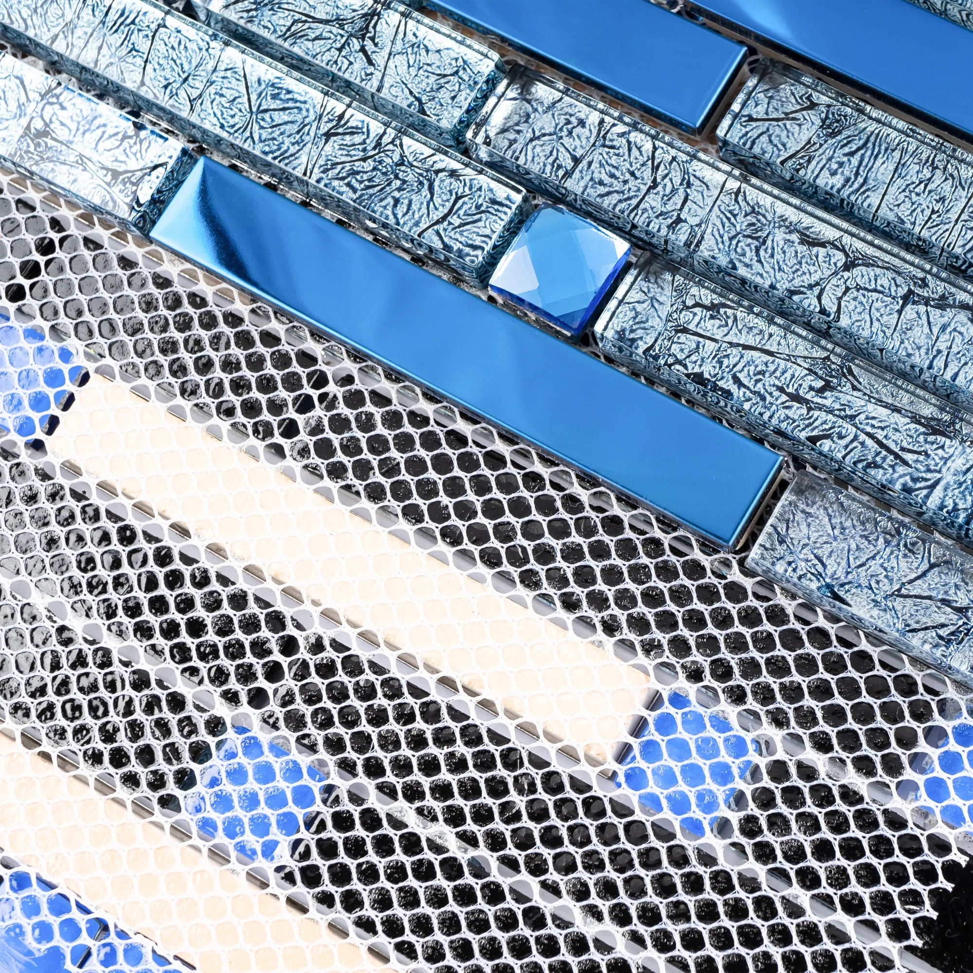 Blue Stainless Steel and Crackle Design Glass Diamond Mosaic Tile