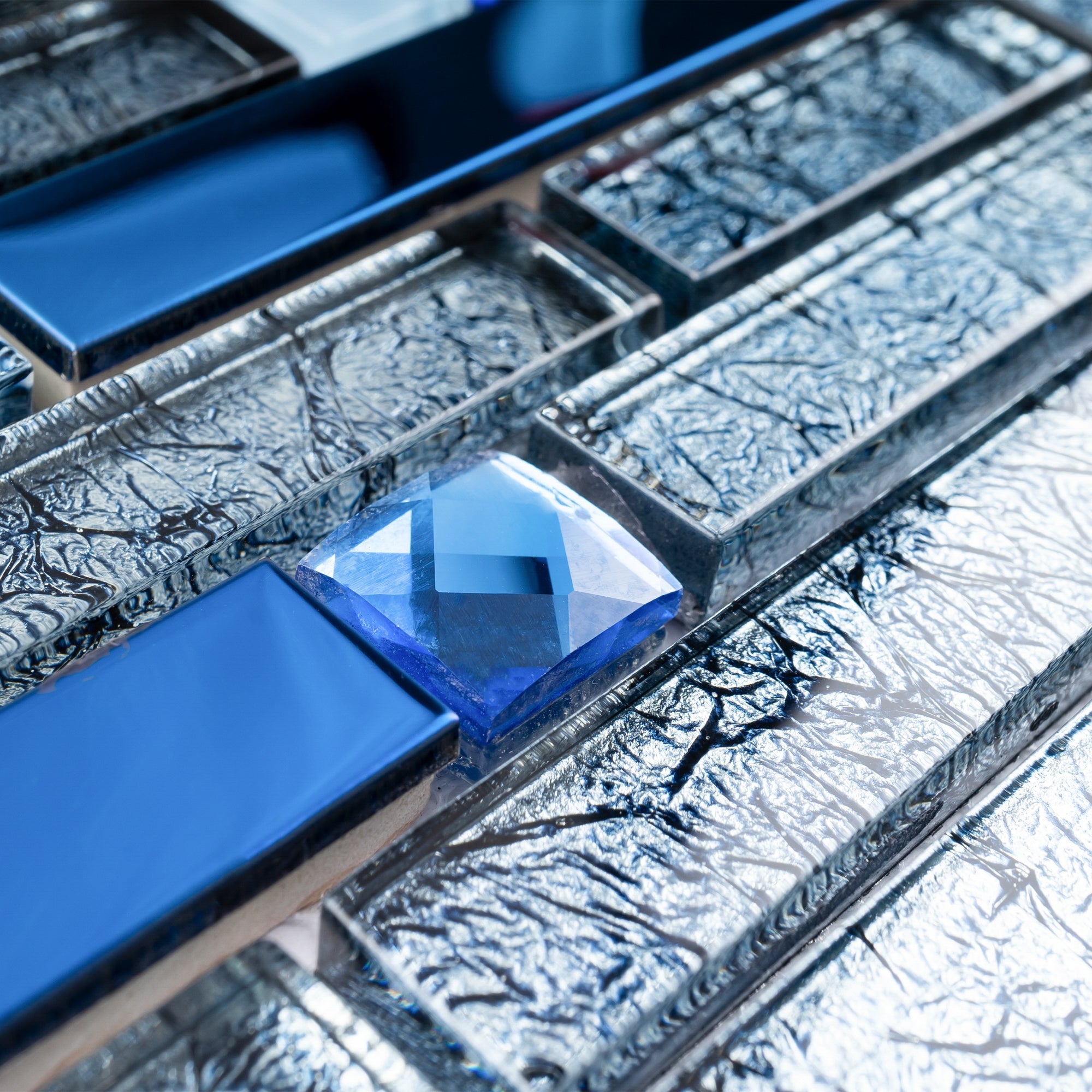 Blue Stainless Steel and Crackle Design Glass Diamond Mosaic Tile