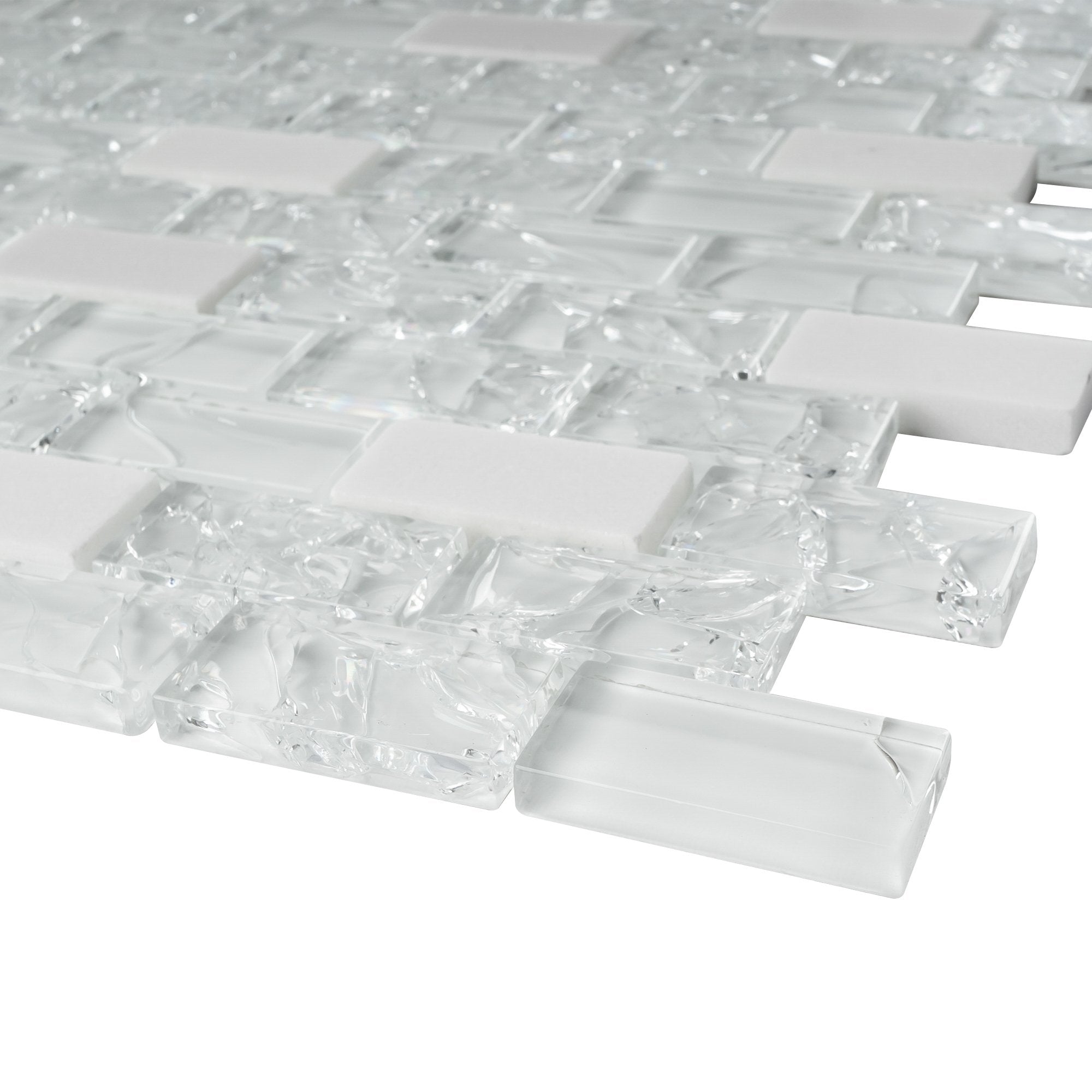 Crackle Design White Glass and Marble Subway Mosaic Tile