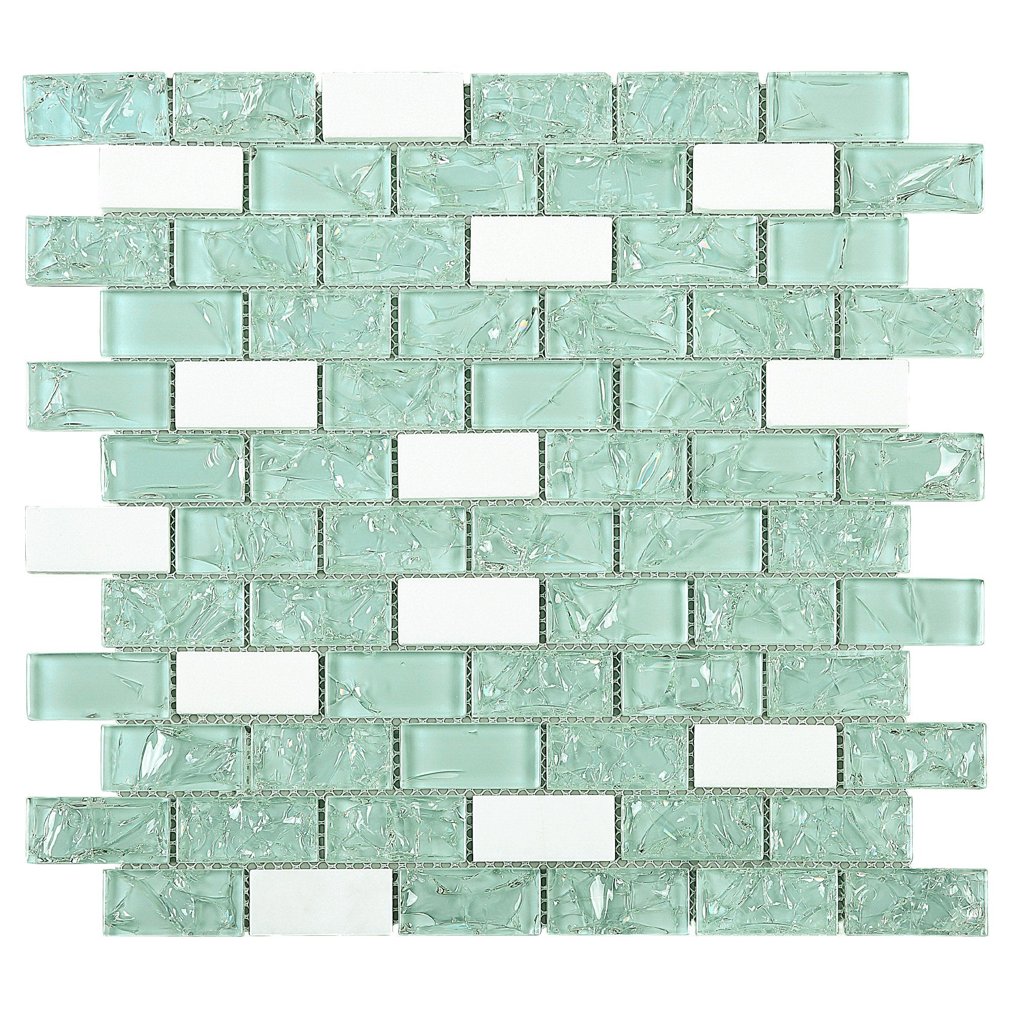 Crackle Design Green Glass and White Marble Subway Mosaic Tile