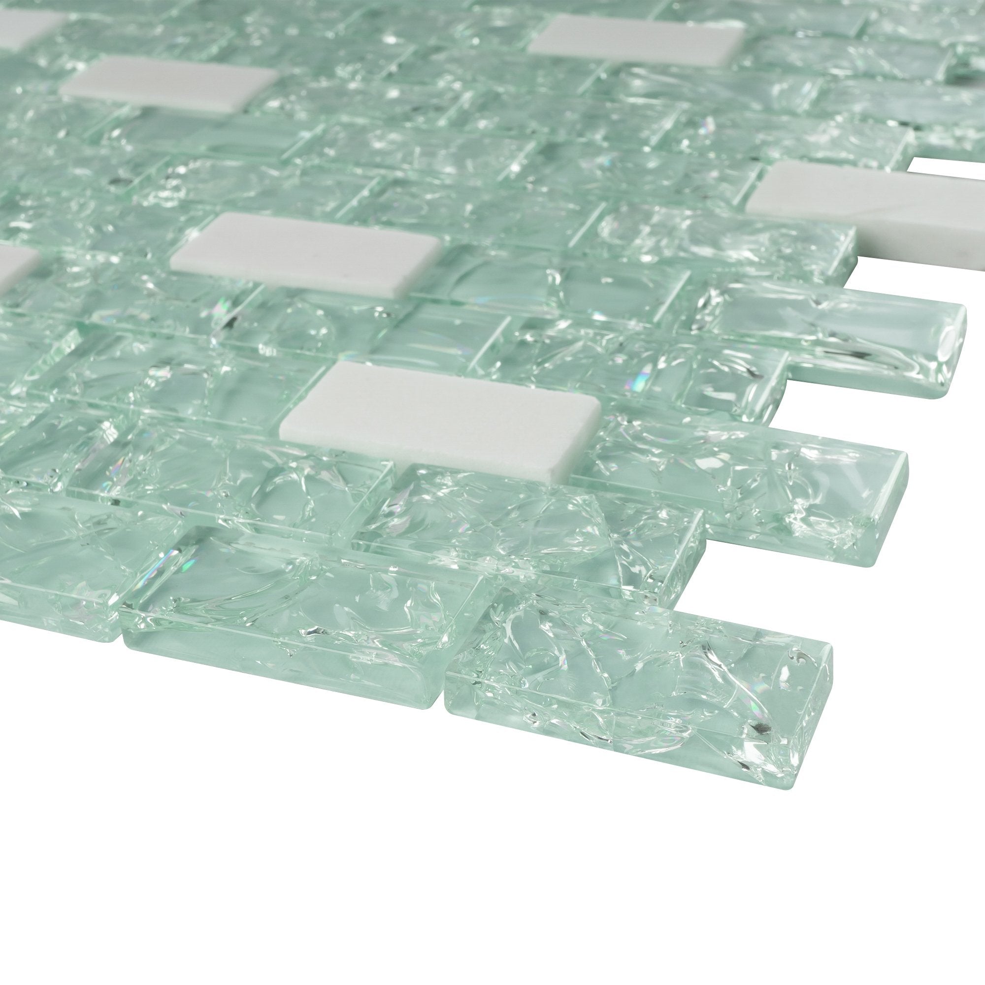 Crackle Design Green Glass and White Marble Subway Mosaic Tile
