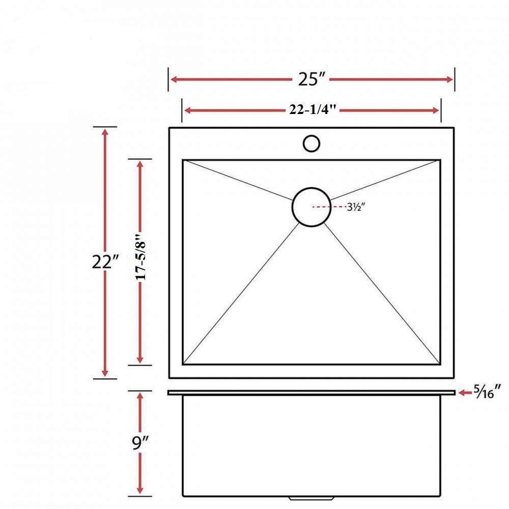 Zero Radius Top-Mount 25'' x 22'' Single Bowl Sink KSH25229S