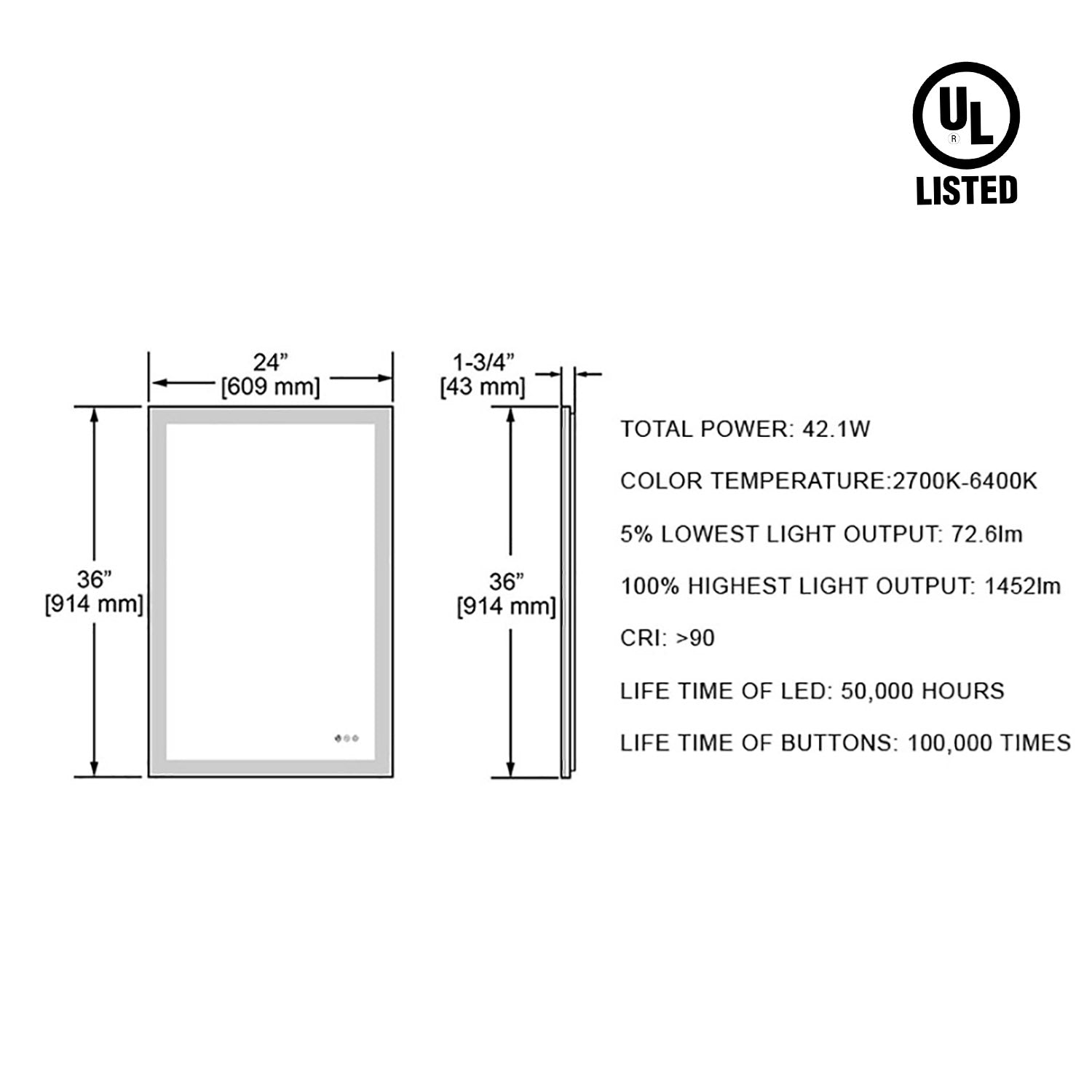 Beta 24″x36″ LED Mirror with Frosted Sides