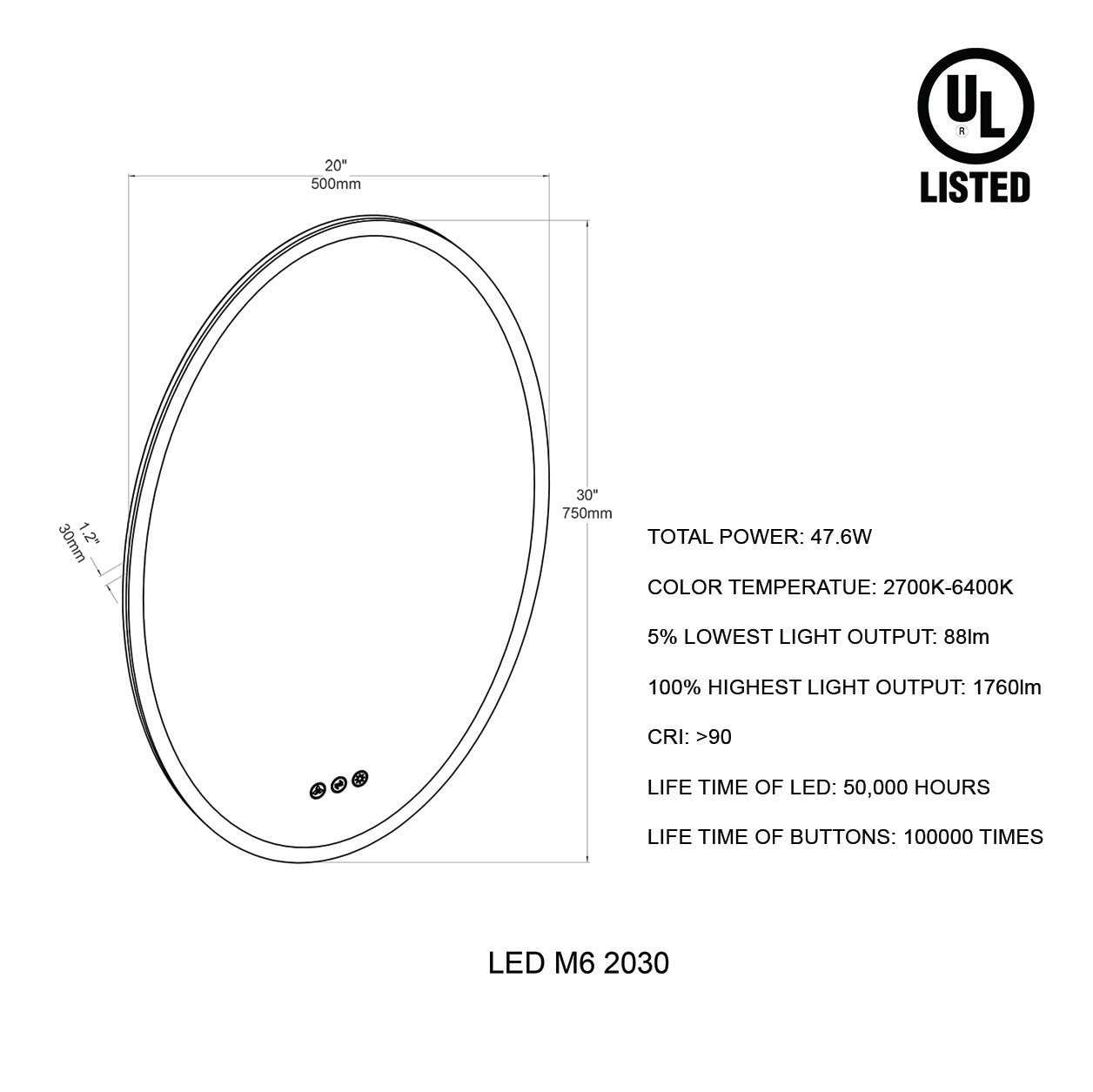 Oval 20 Inch Oval LED Mirror