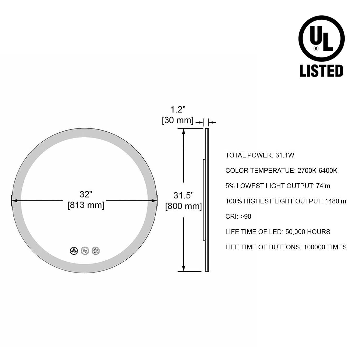 Orion 32″ Round LED Mirror with Frosted Side