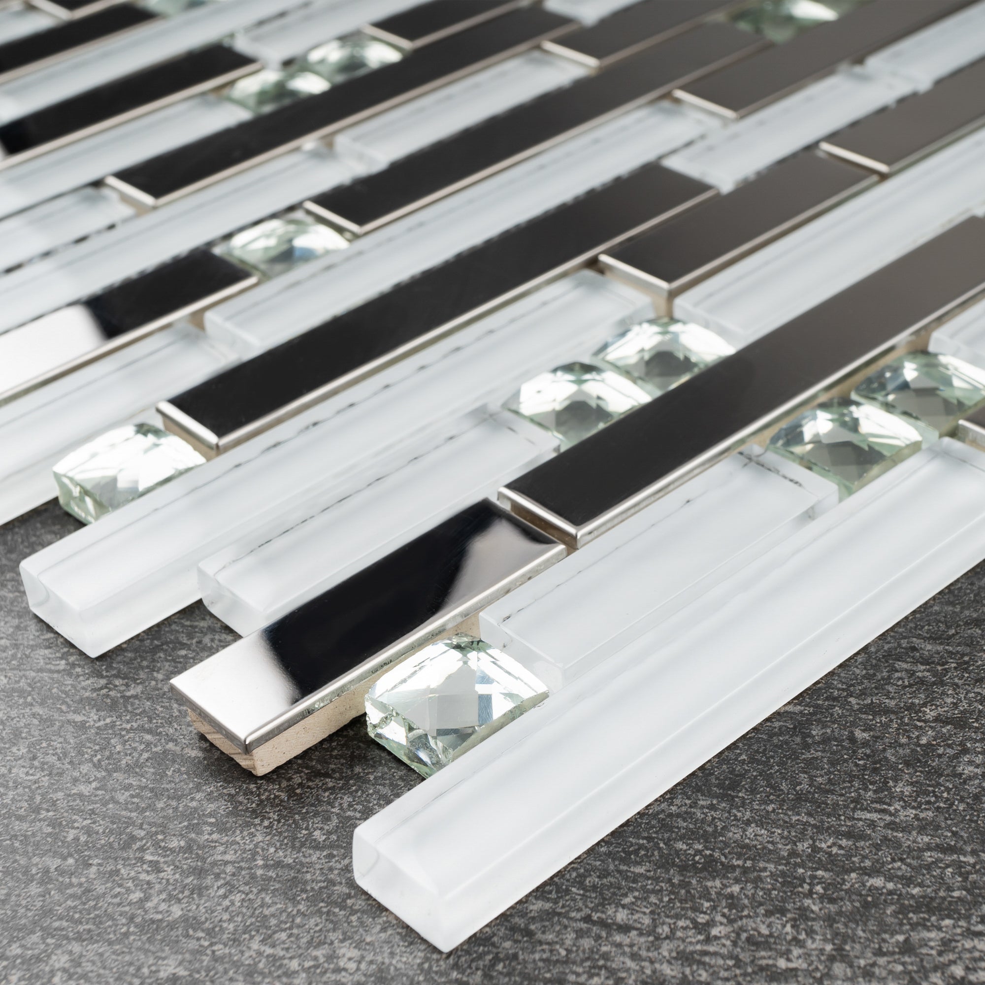 Stainless Steel and Crackle Design White Glass Diamond Mosaic Tile