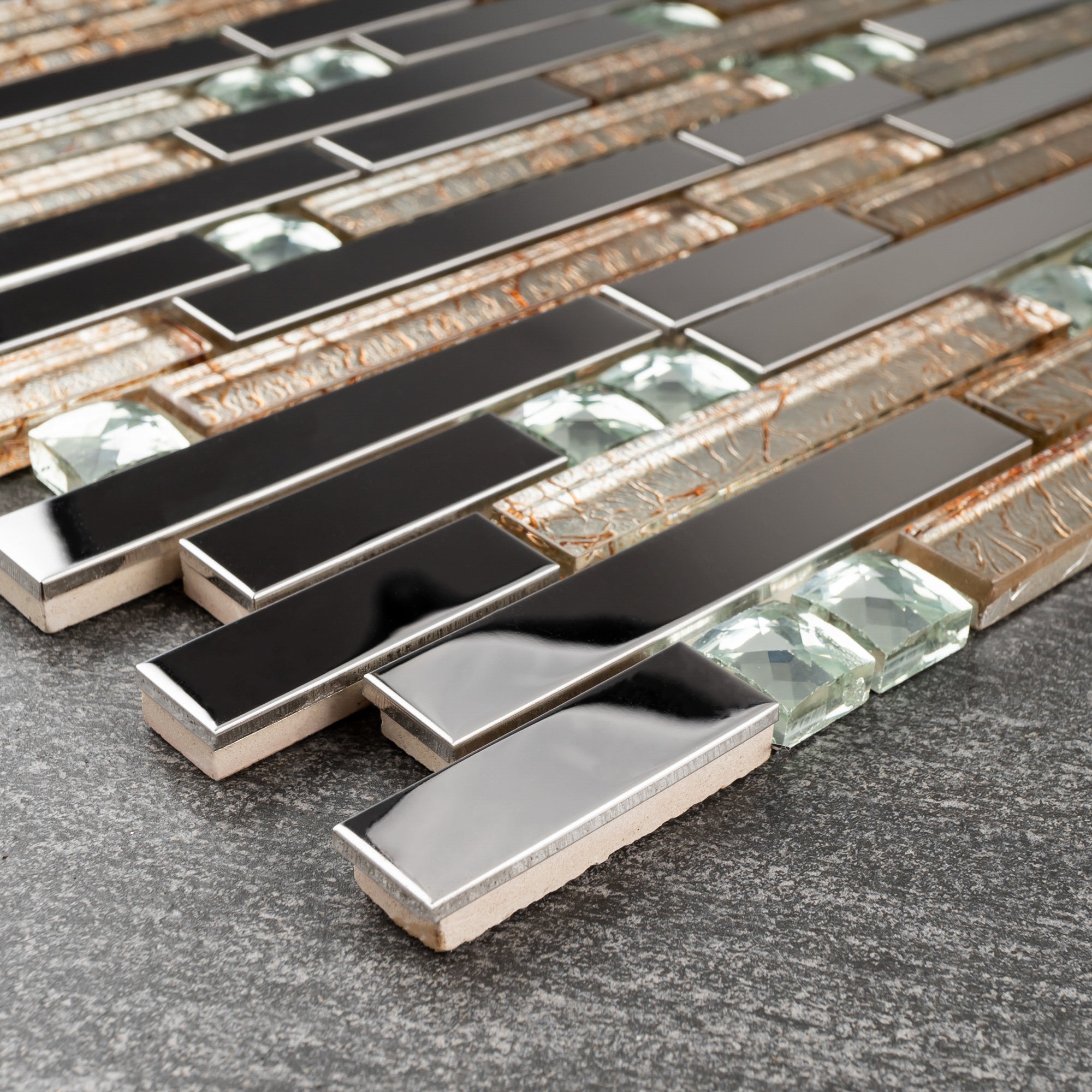 Stainless Steel and Crackle Design Gold Glass Diamond Mosaic Tile