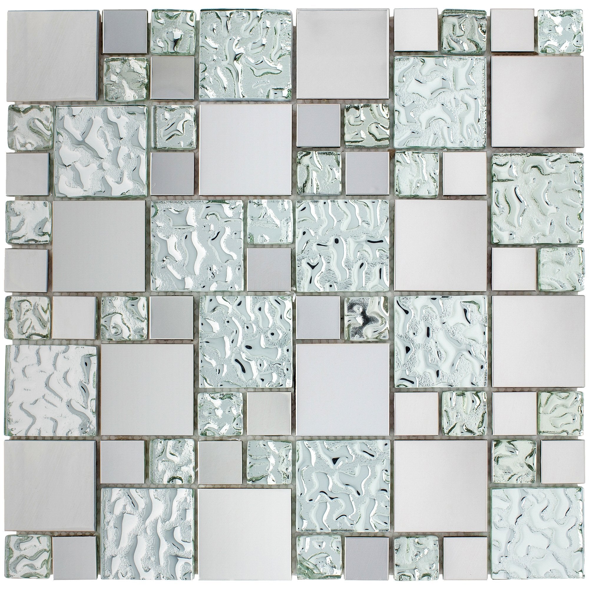 Mint Green Glass and Stainless Steel Random Square Mosaic Tile