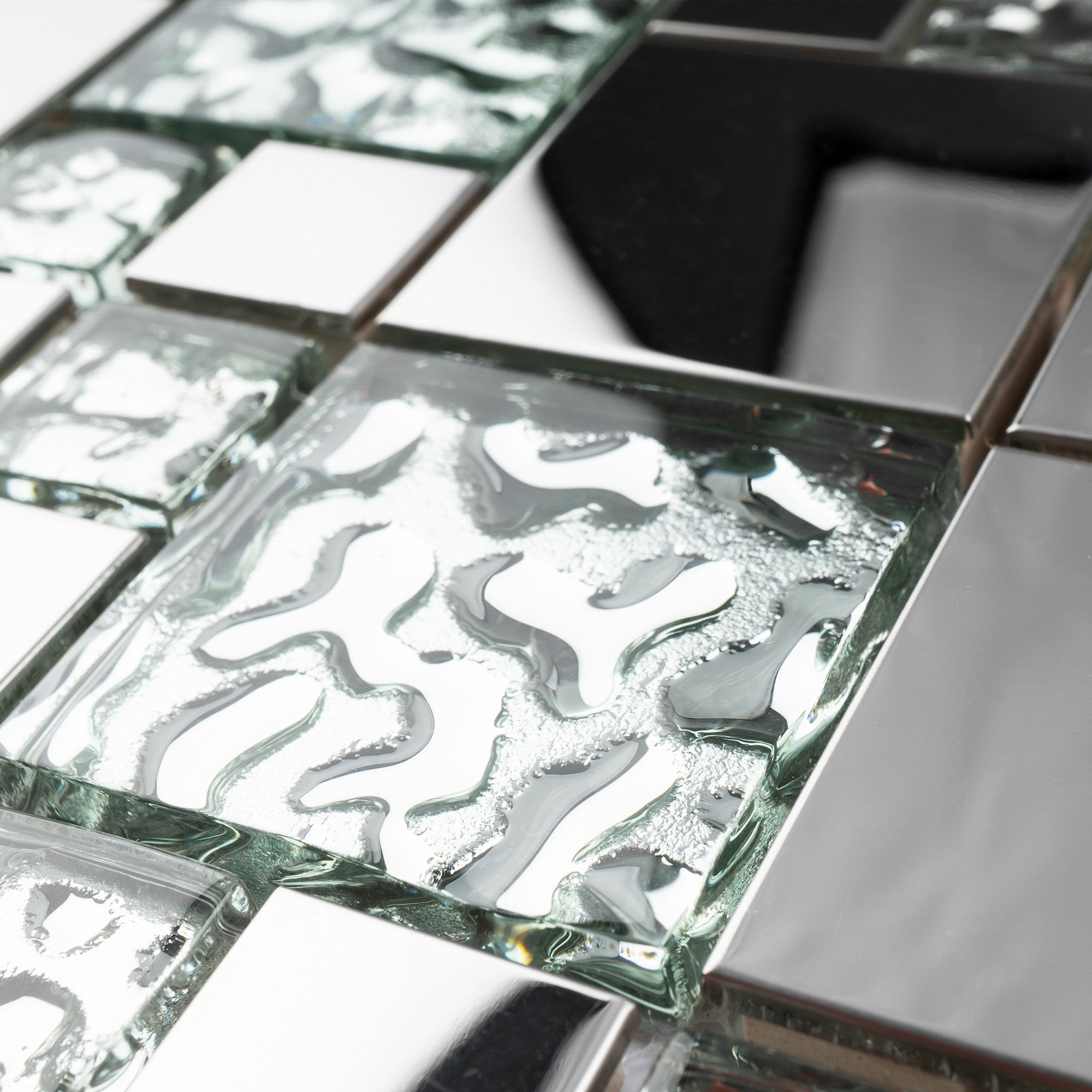 Mint Green Glass and Stainless Steel Random Square Mosaic Tile