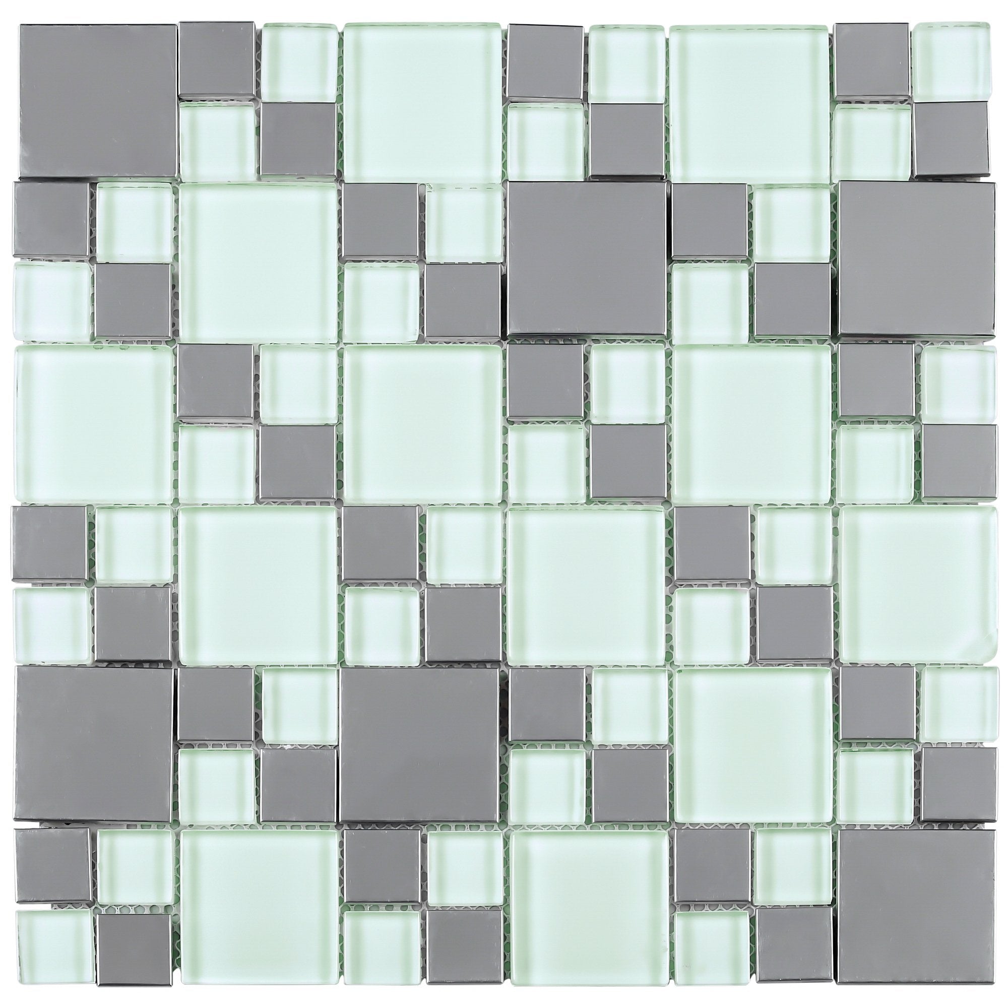 Mint White Glass and Stainless Steel Random Square Mosaic Tile