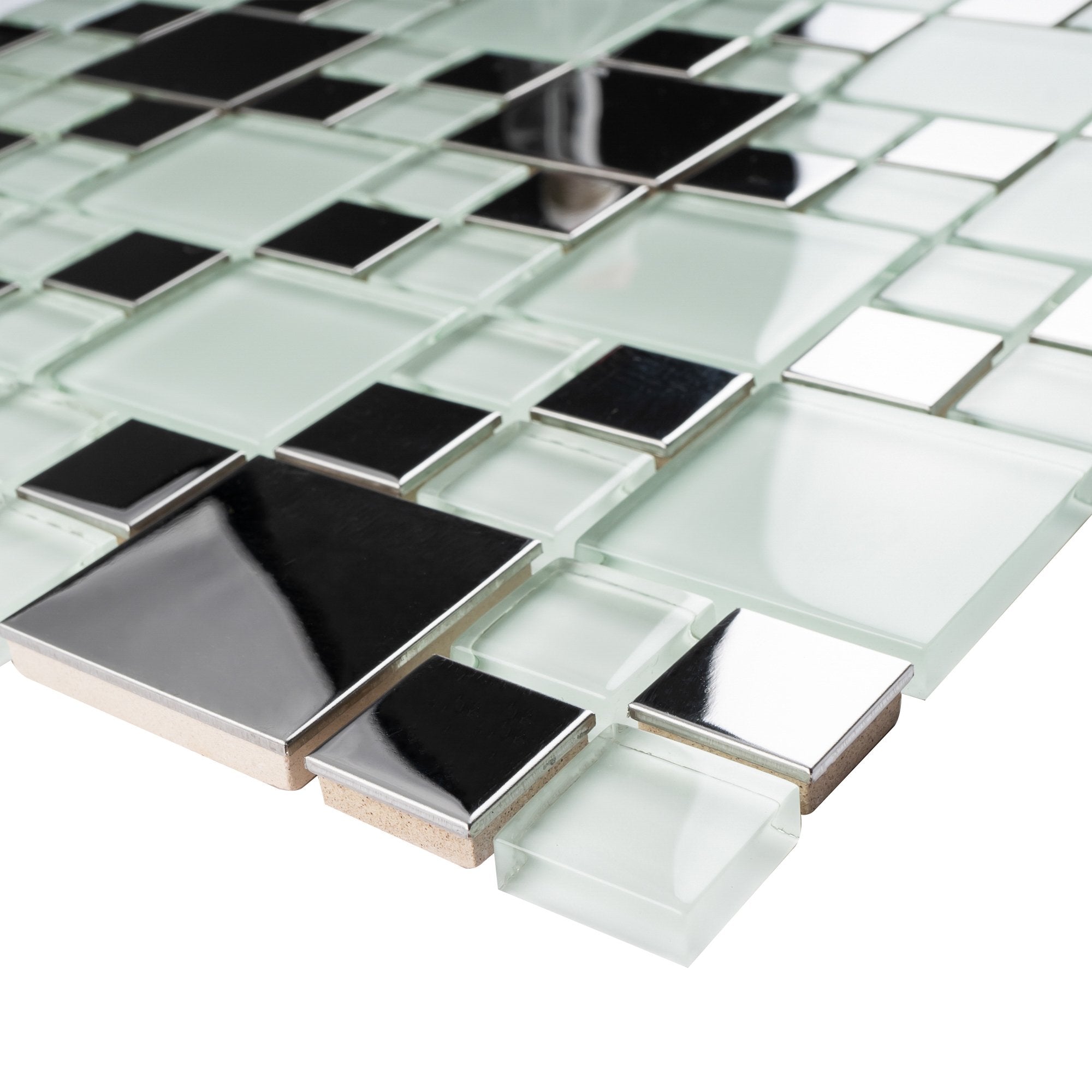 Mint White Glass and Stainless Steel Random Square Mosaic Tile