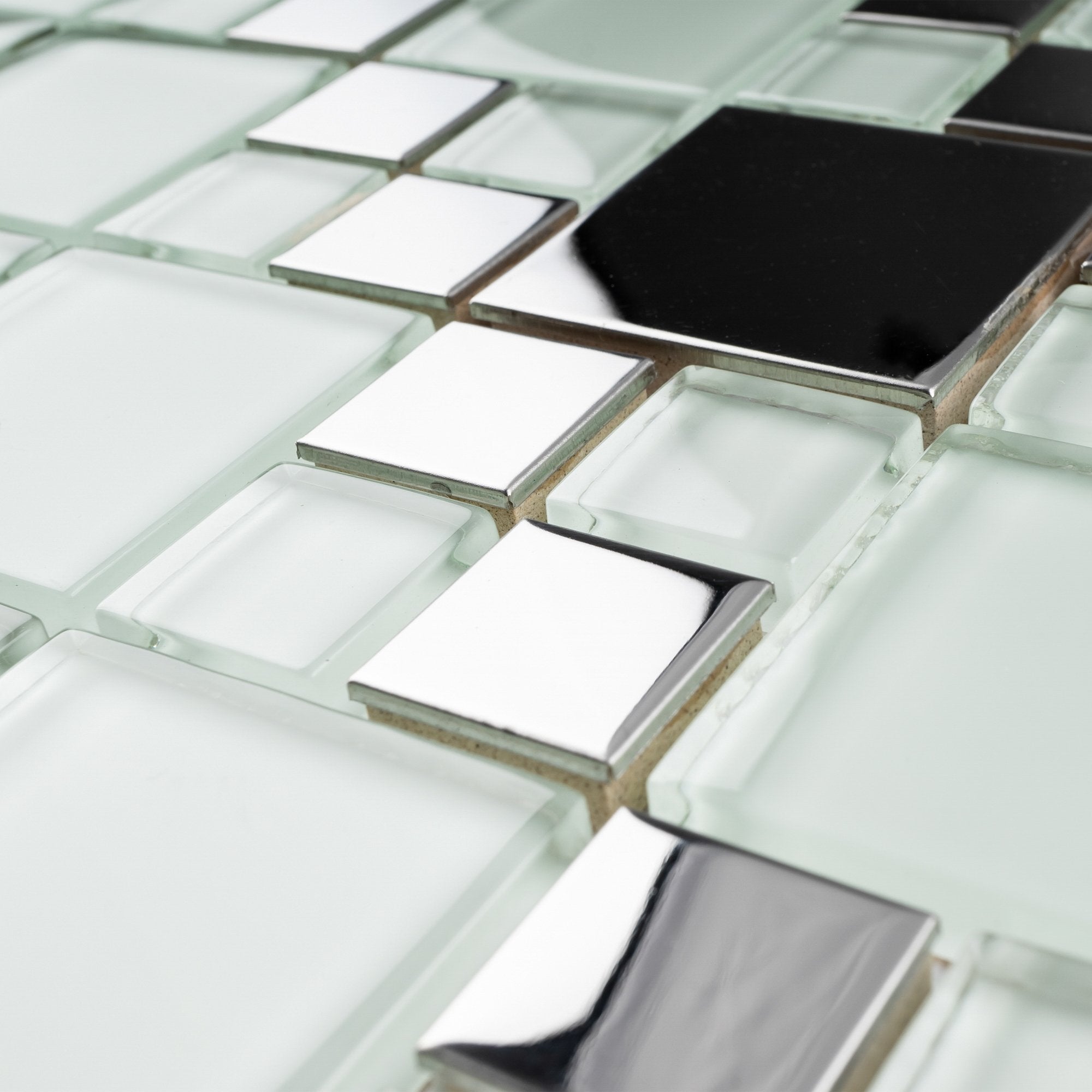 Mint White Glass and Stainless Steel Random Square Mosaic Tile