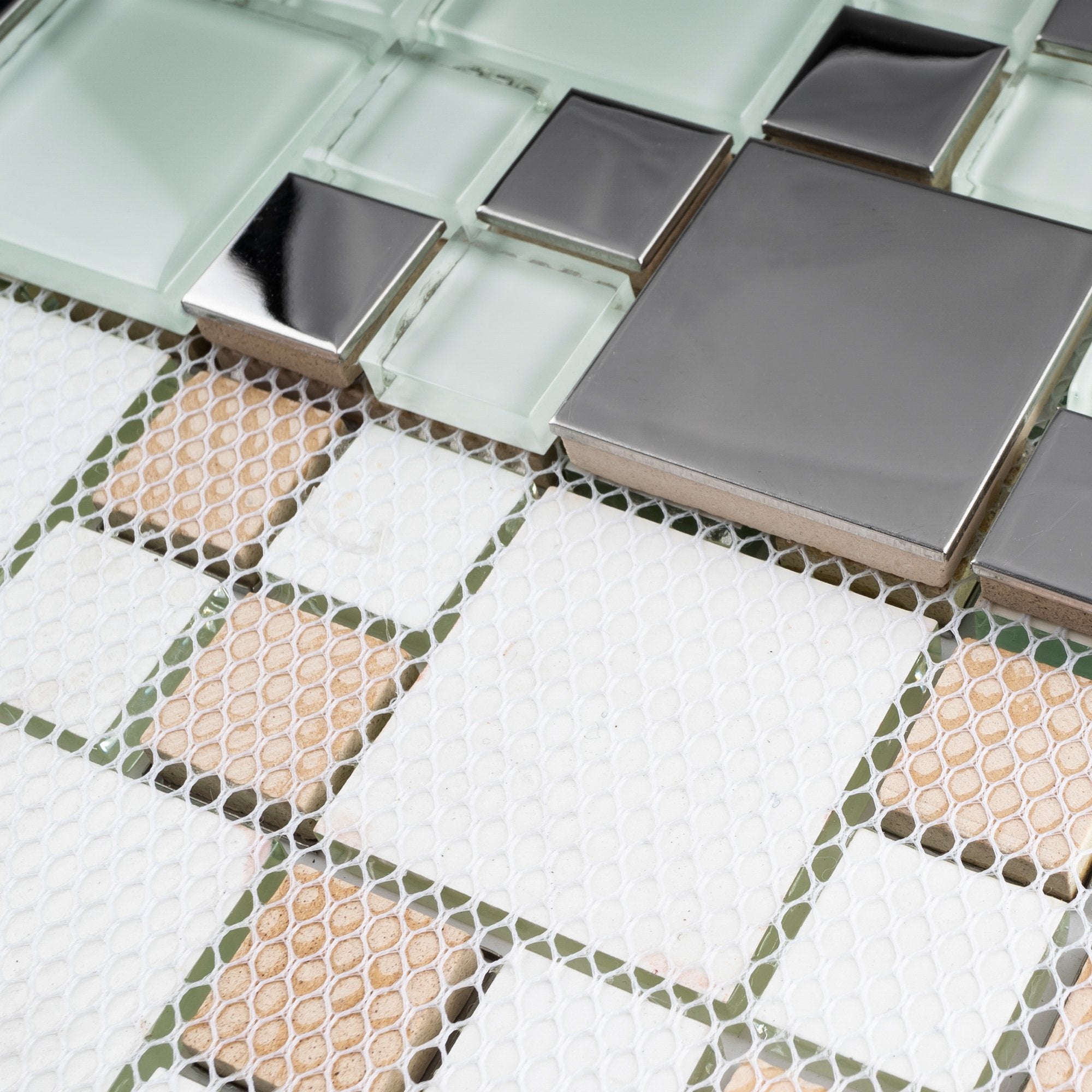 Mint White Glass and Stainless Steel Random Square Mosaic Tile