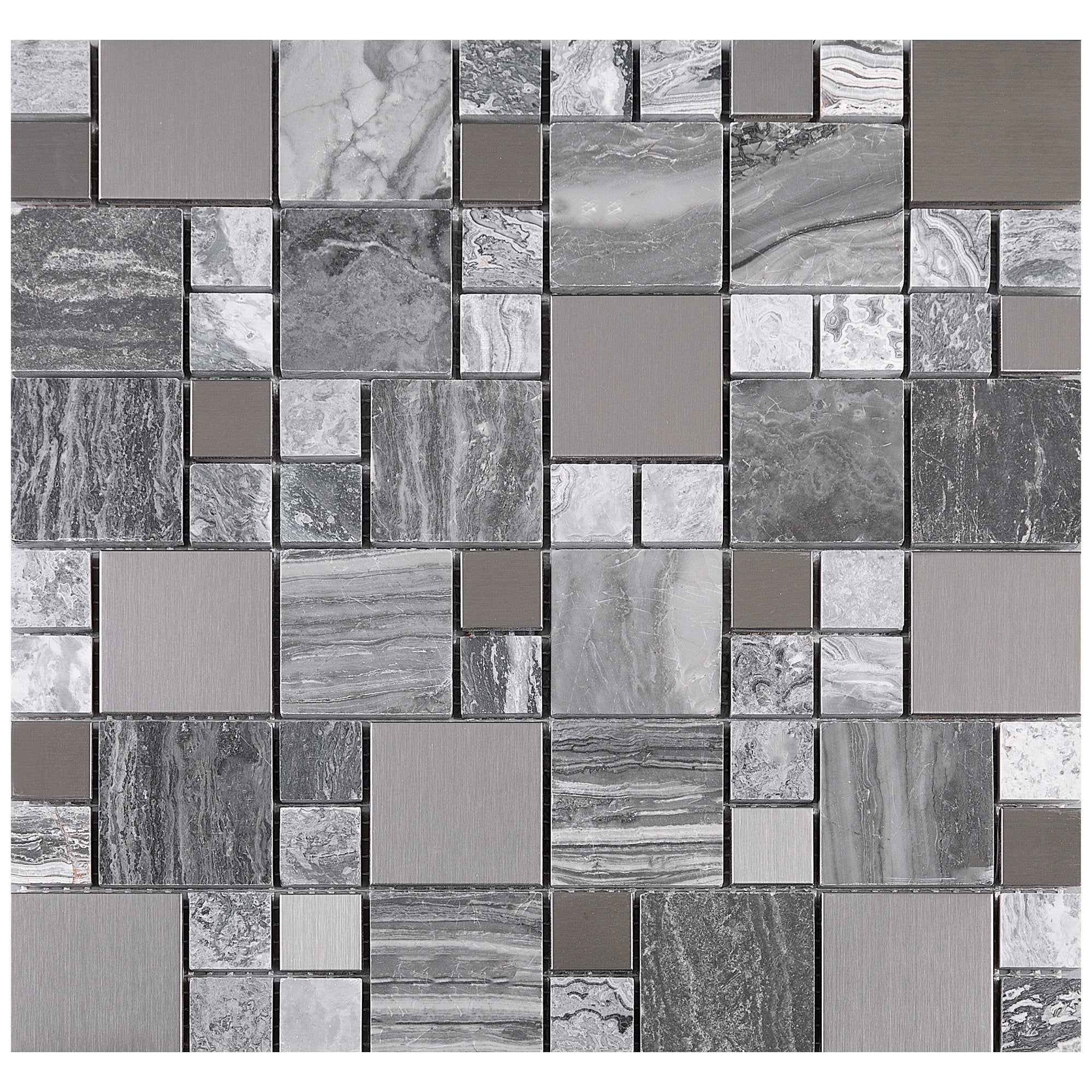 Grey Marble and Stainless Steel Random Square Mosaic Tile