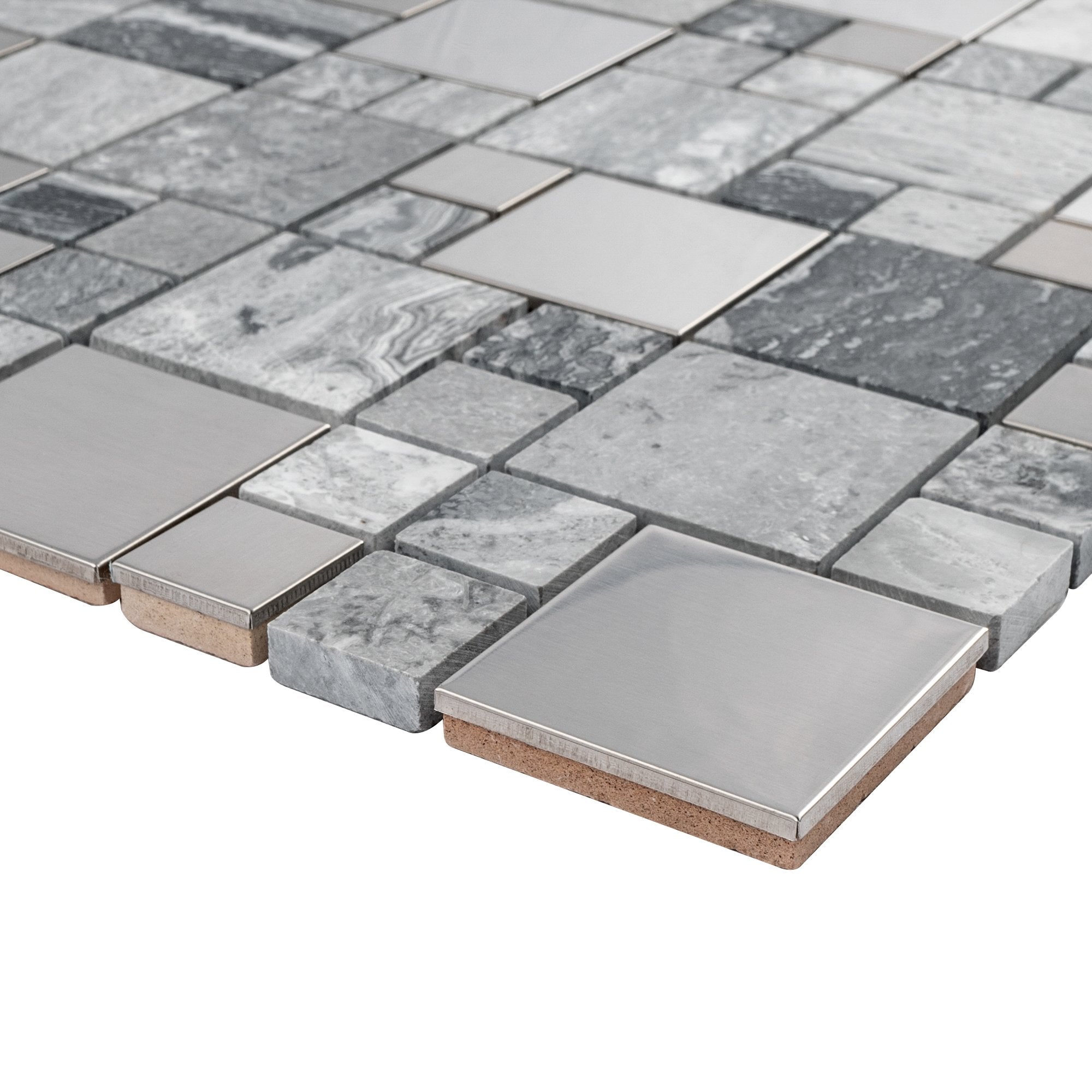 Grey Marble and Stainless Steel Random Square Mosaic Tile