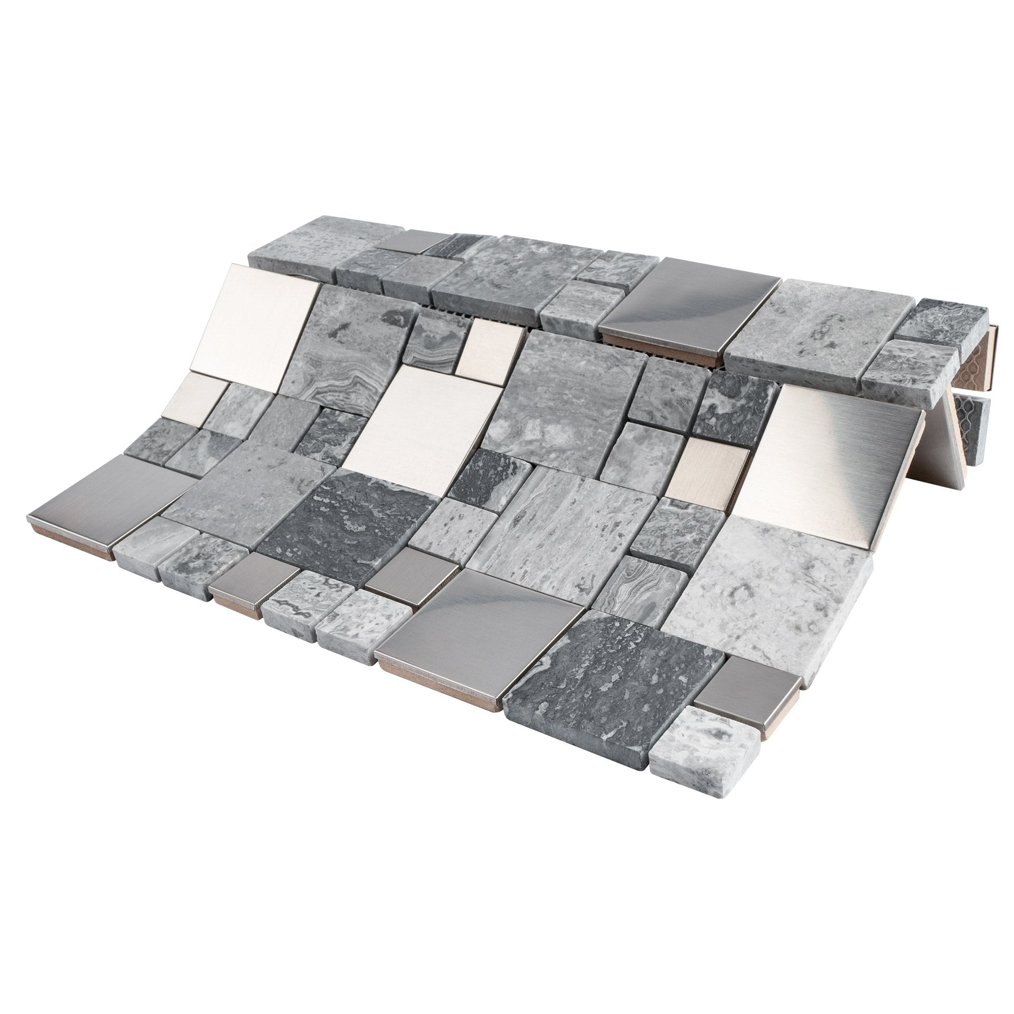 Grey Marble and Stainless Steel Random Square Mosaic Tile