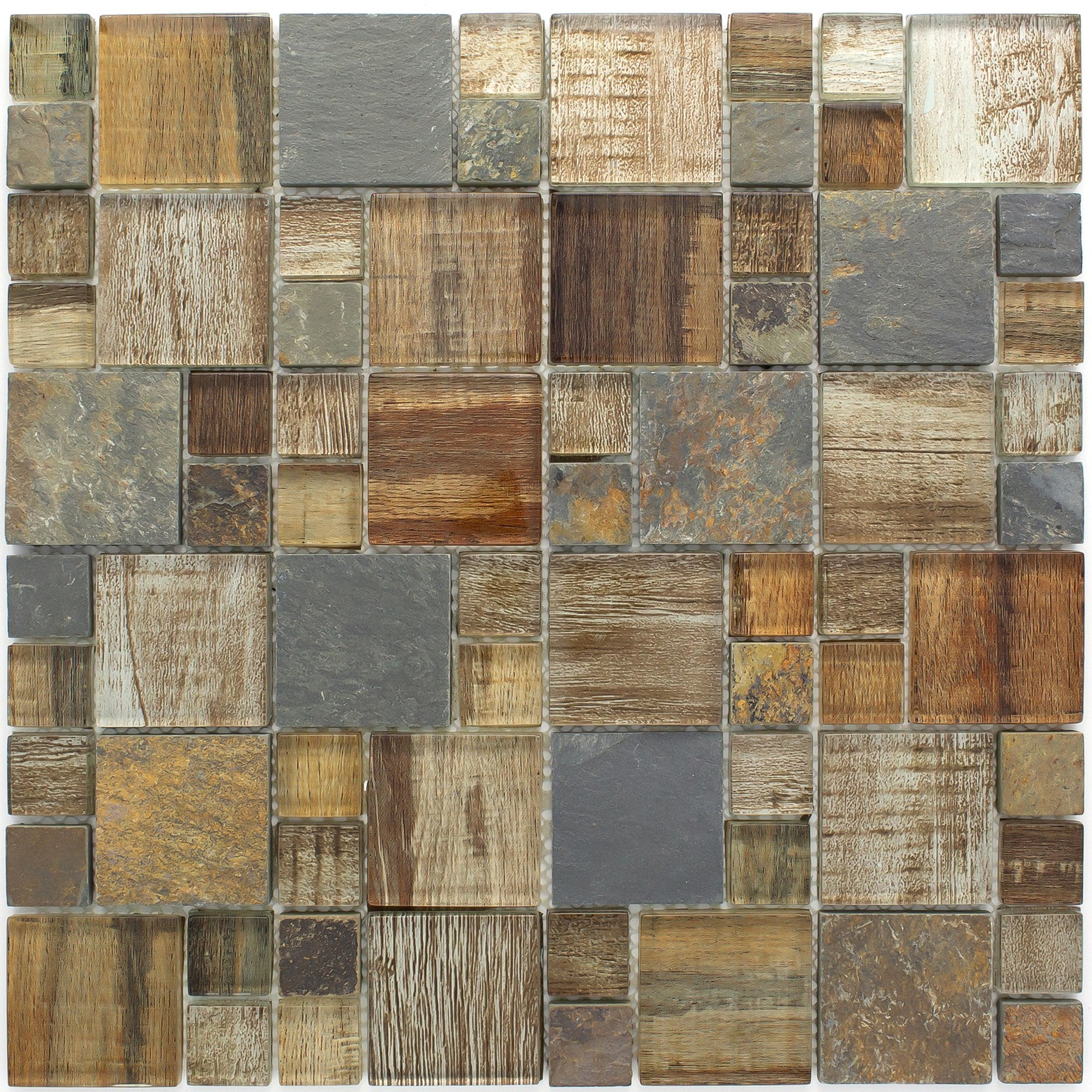 Brown Wood Look Glass and Natural Stone Random Square Mosaic Tile