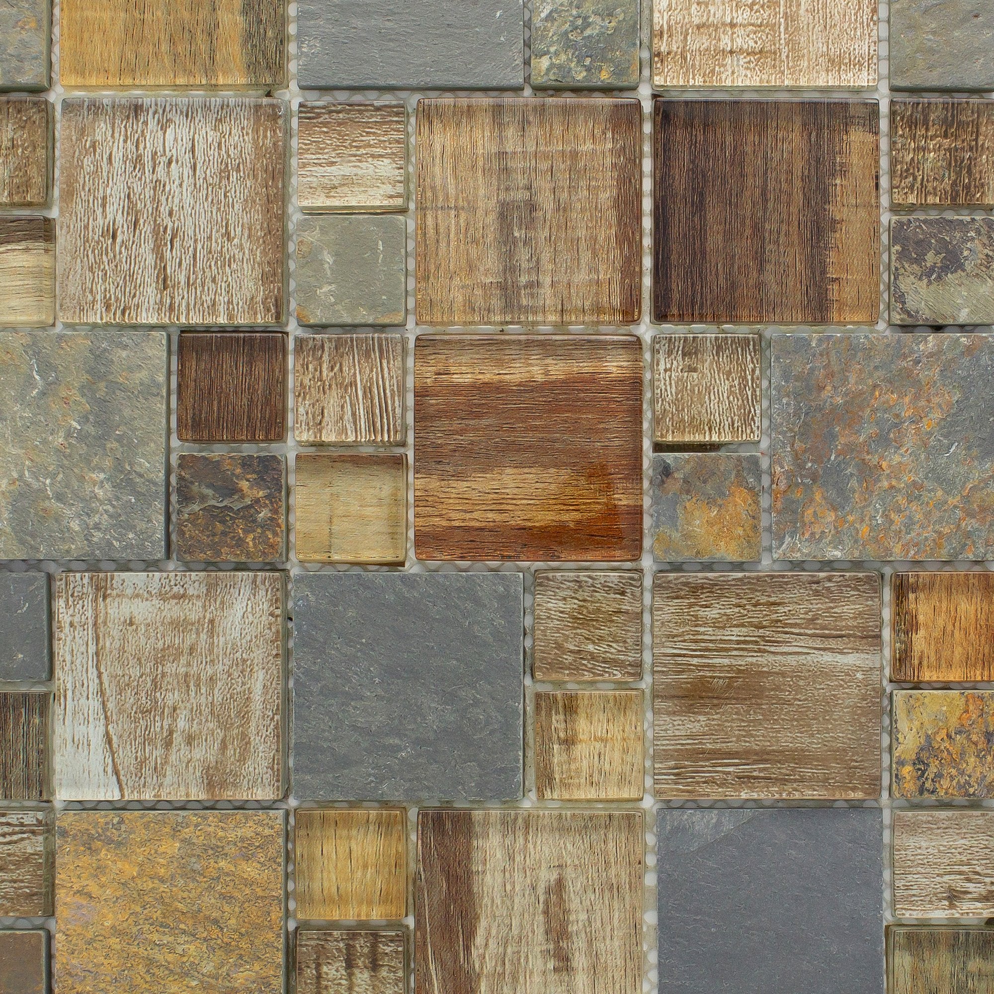 Brown Wood Look Glass and Natural Stone Random Square Mosaic Tile