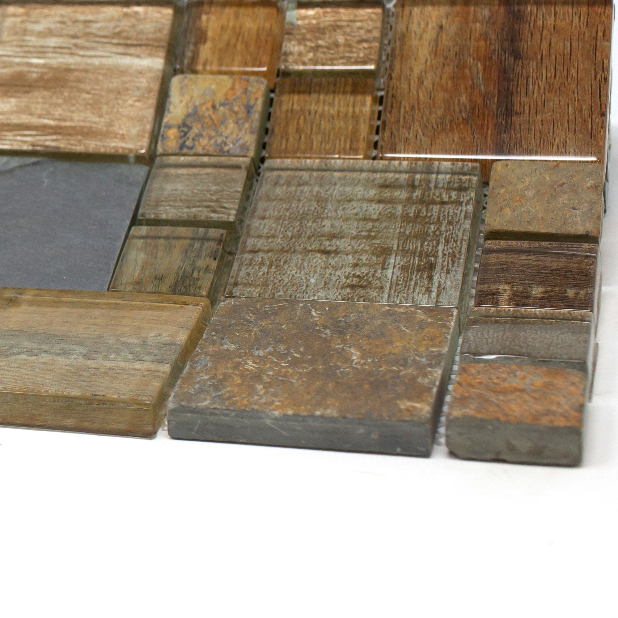 Brown Wood Look Glass and Natural Stone Random Square Mosaic Tile