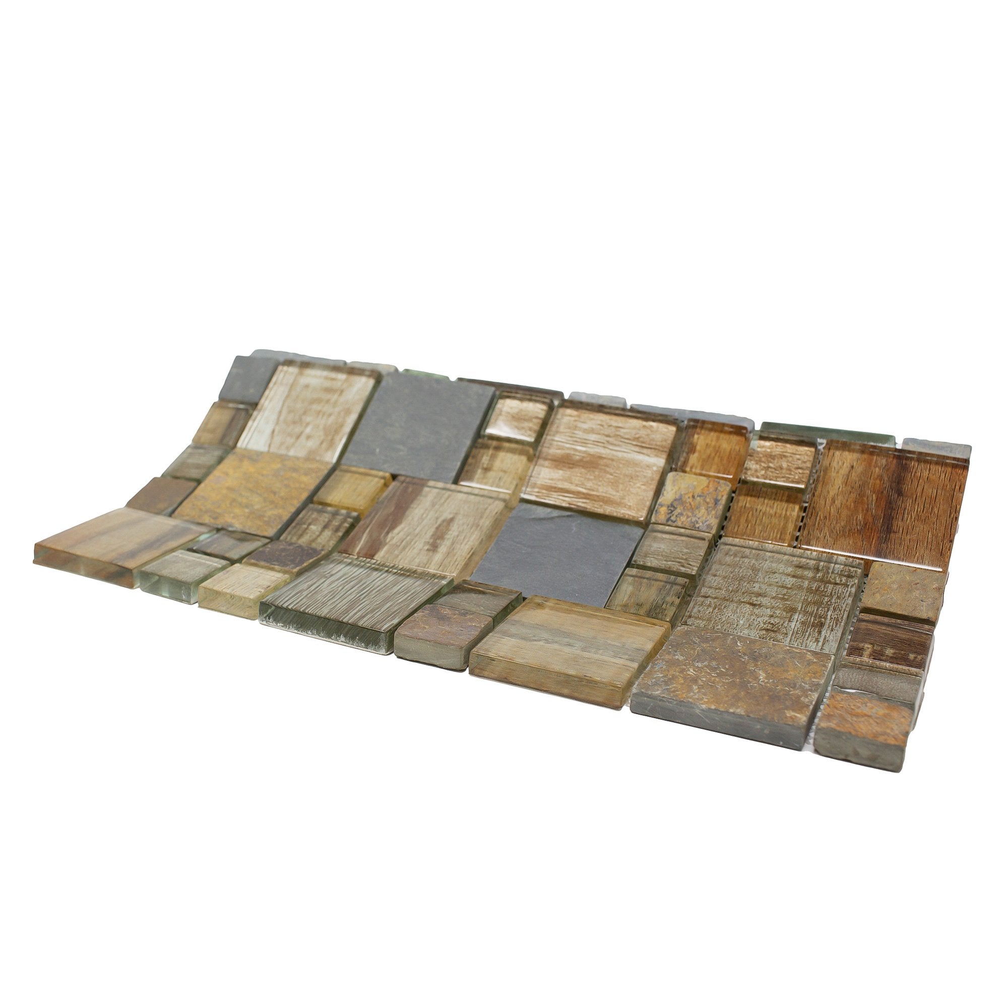 Brown Wood Look Glass and Natural Stone Random Square Mosaic Tile