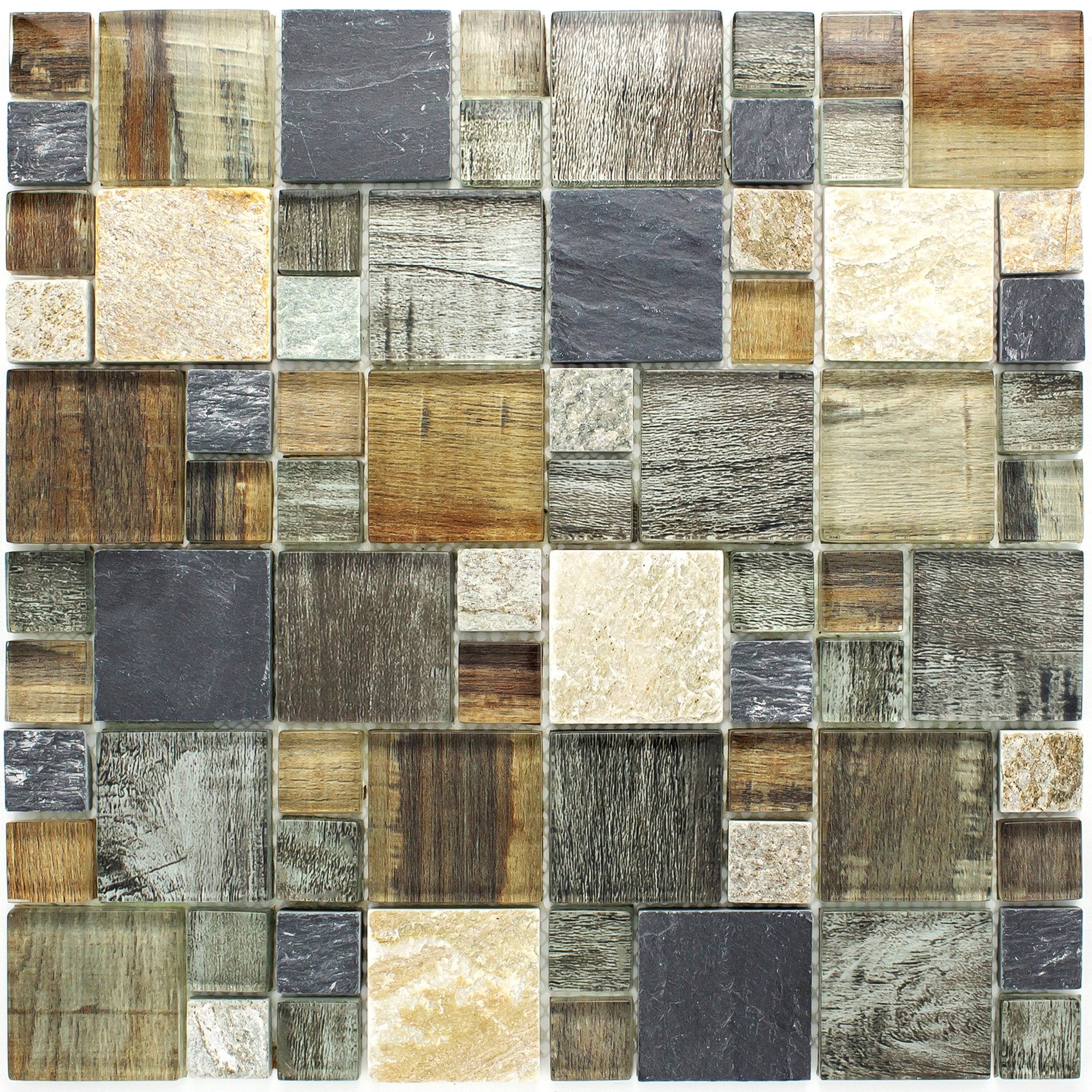 Grey Wood Look Glass and Natural Stone Random Square Mosaic Tile