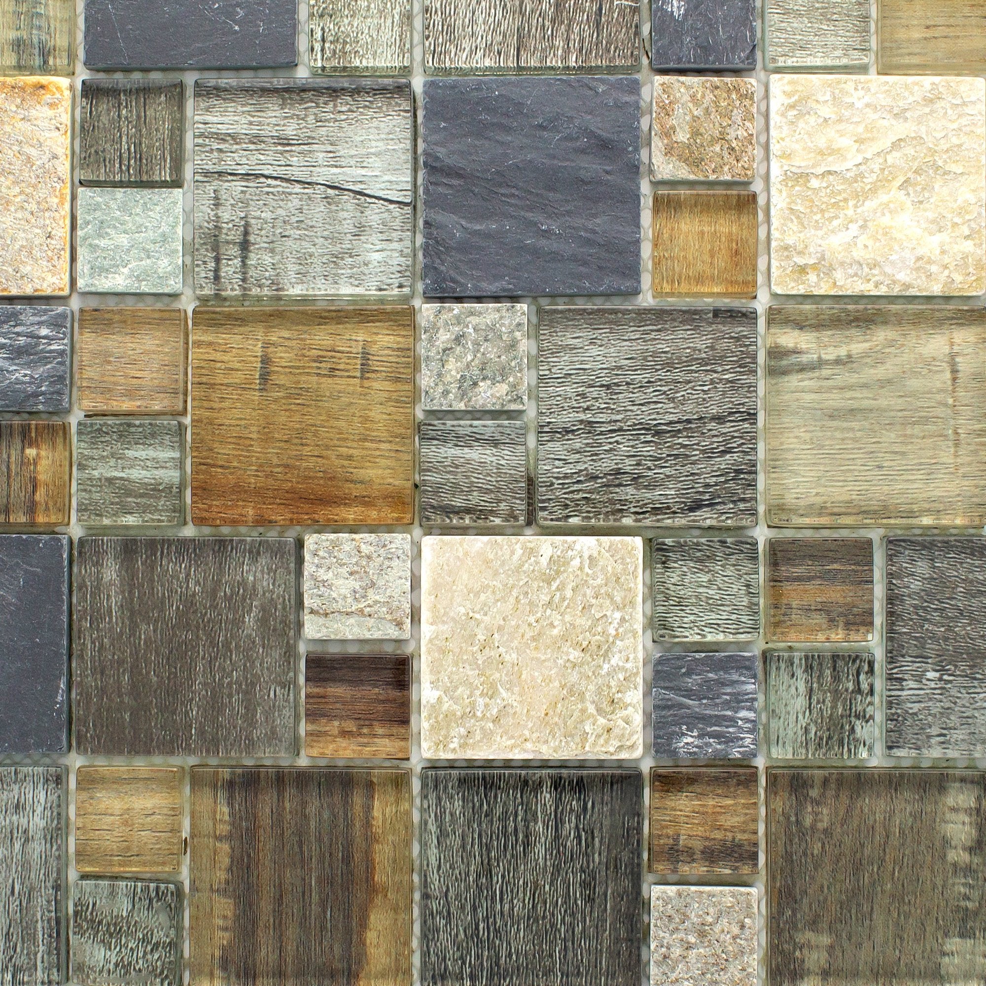 Grey Wood Look Glass and Natural Stone Random Square Mosaic Tile