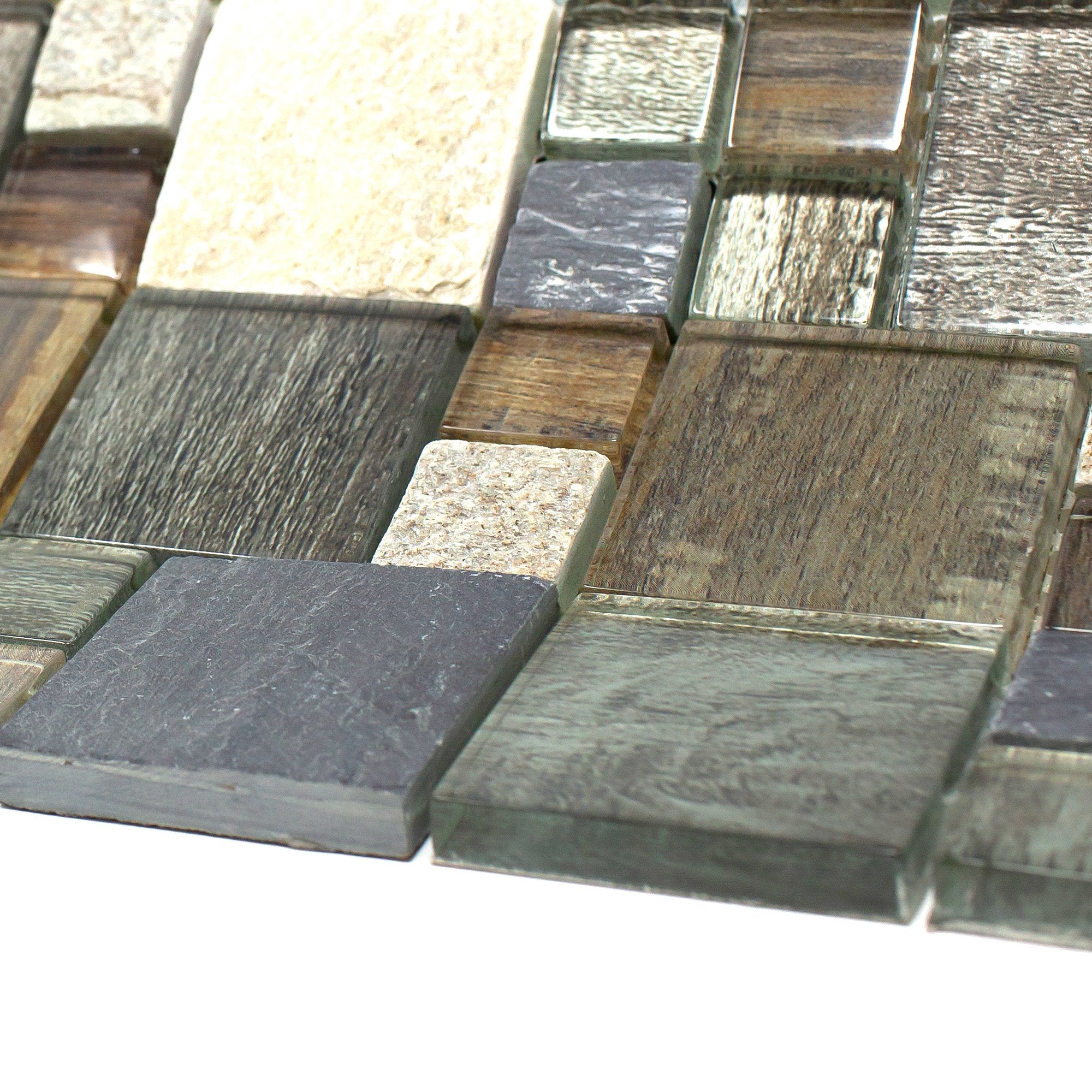 Grey Wood Look Glass and Natural Stone Random Square Mosaic Tile