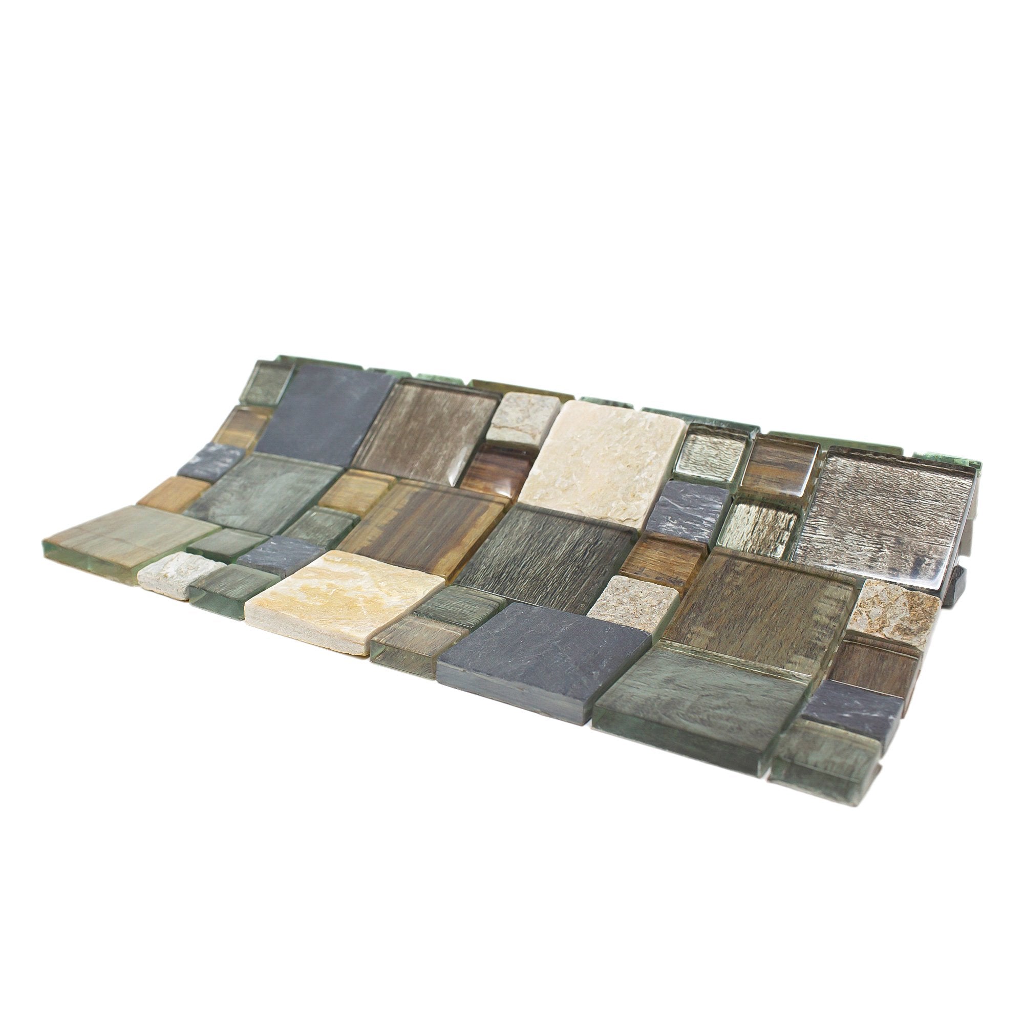 Grey Wood Look Glass and Natural Stone Random Square Mosaic Tile