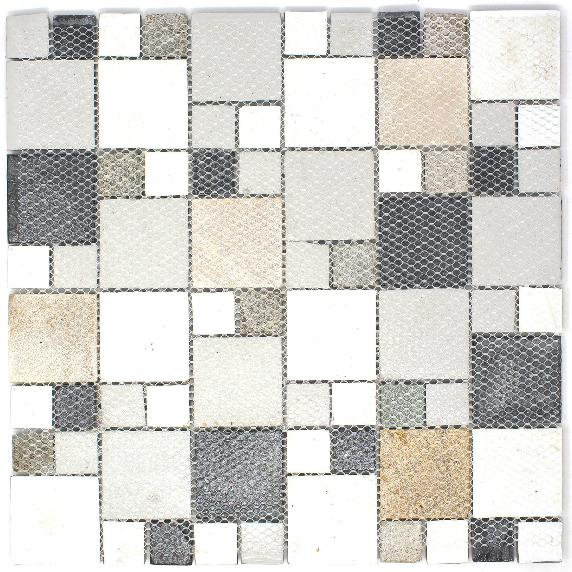 Grey Wood Look Glass and Natural Stone Random Square Mosaic Tile