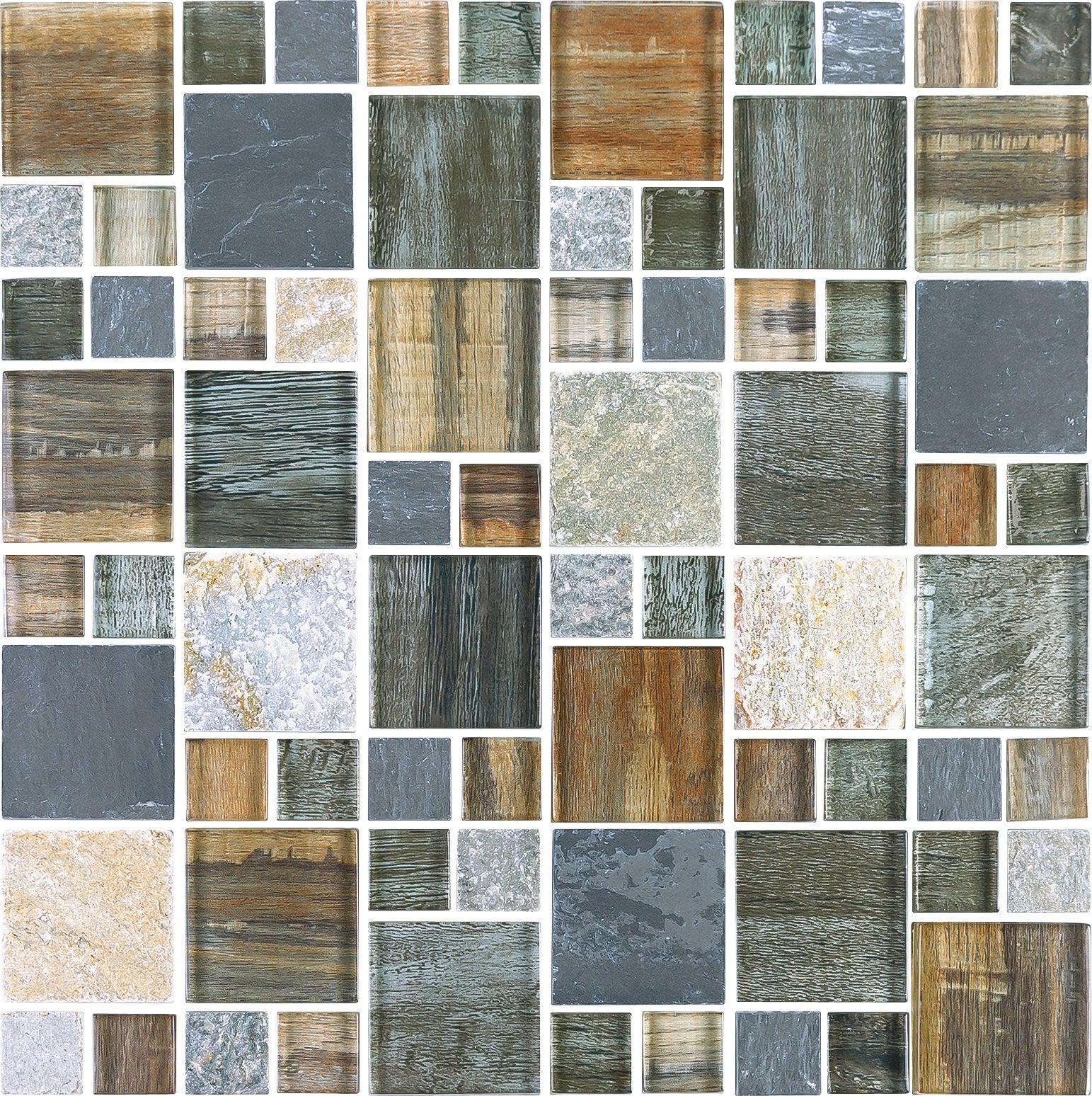 Grey Wood Look Glass and Natural Stone Random Square Mosaic Tile