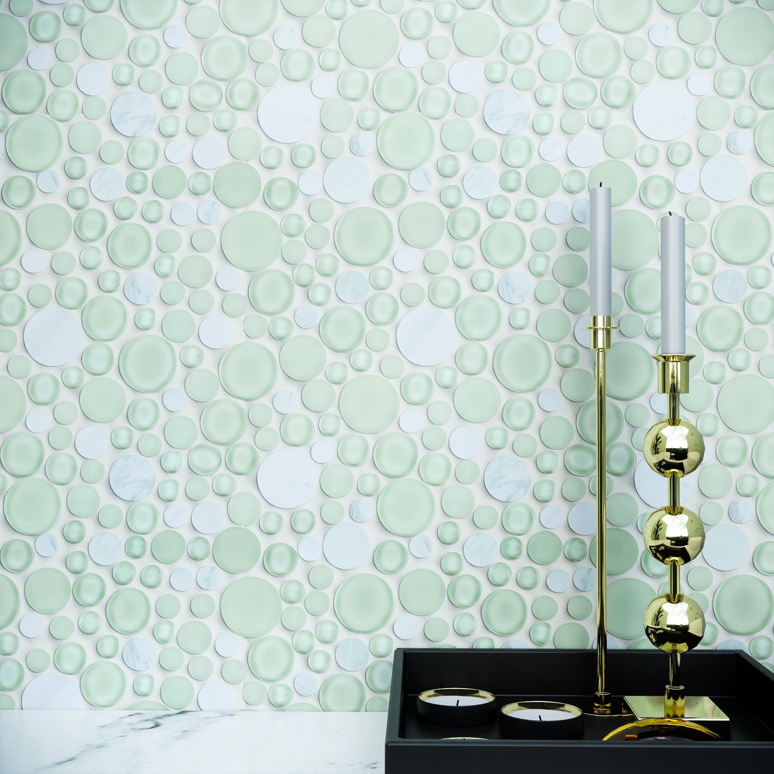 White Marble and Mint Green Glass Bubble Mosaic Tile