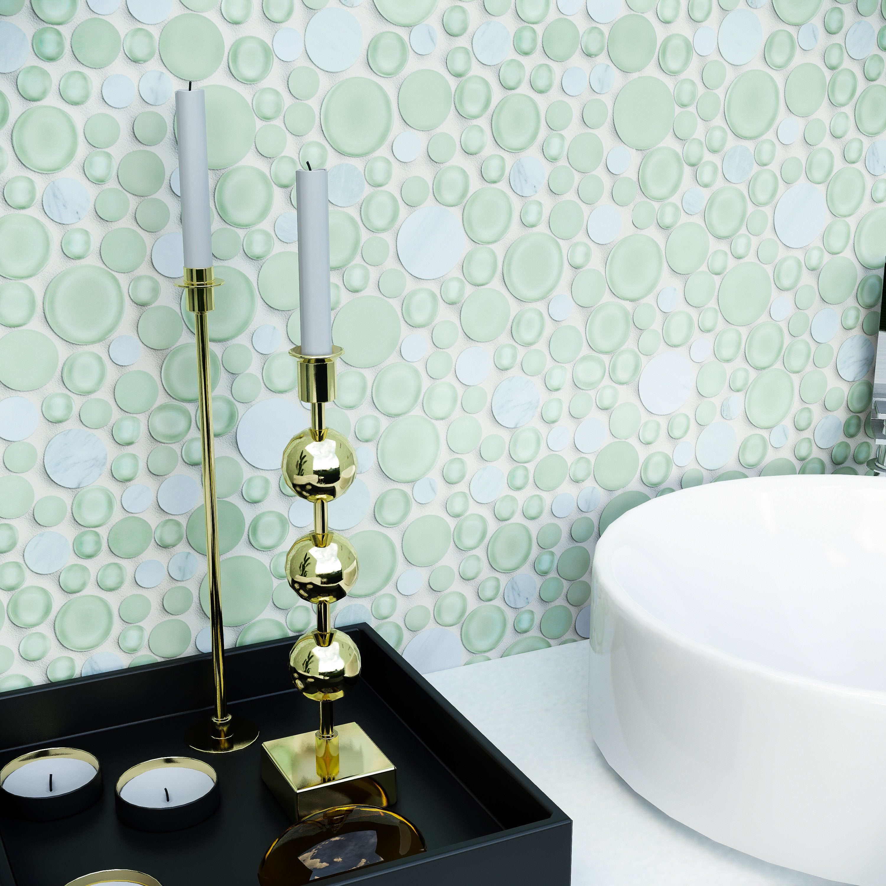 White Marble and Mint Green Glass Bubble Mosaic Tile