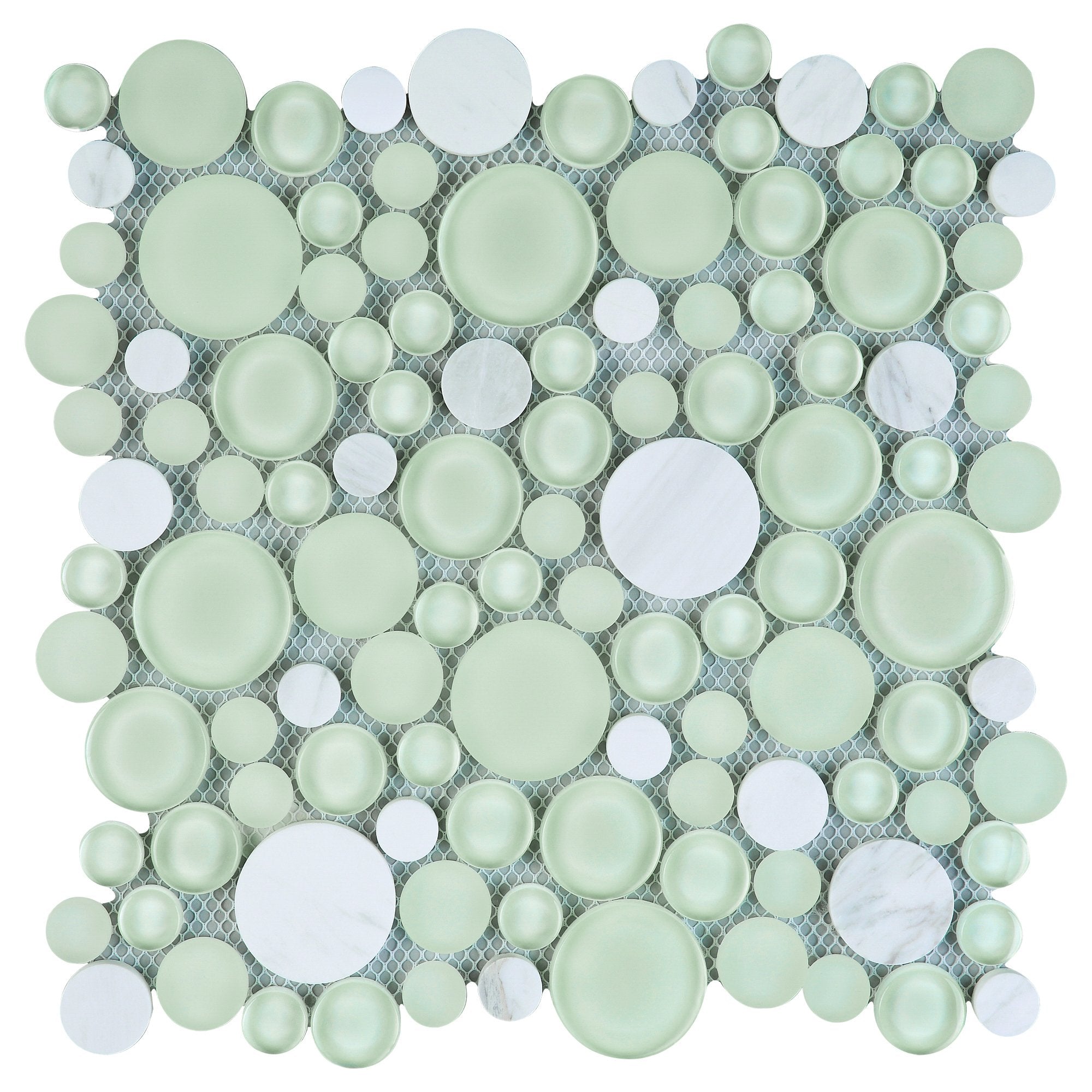 White Marble and Mint Green Glass Bubble Mosaic Tile