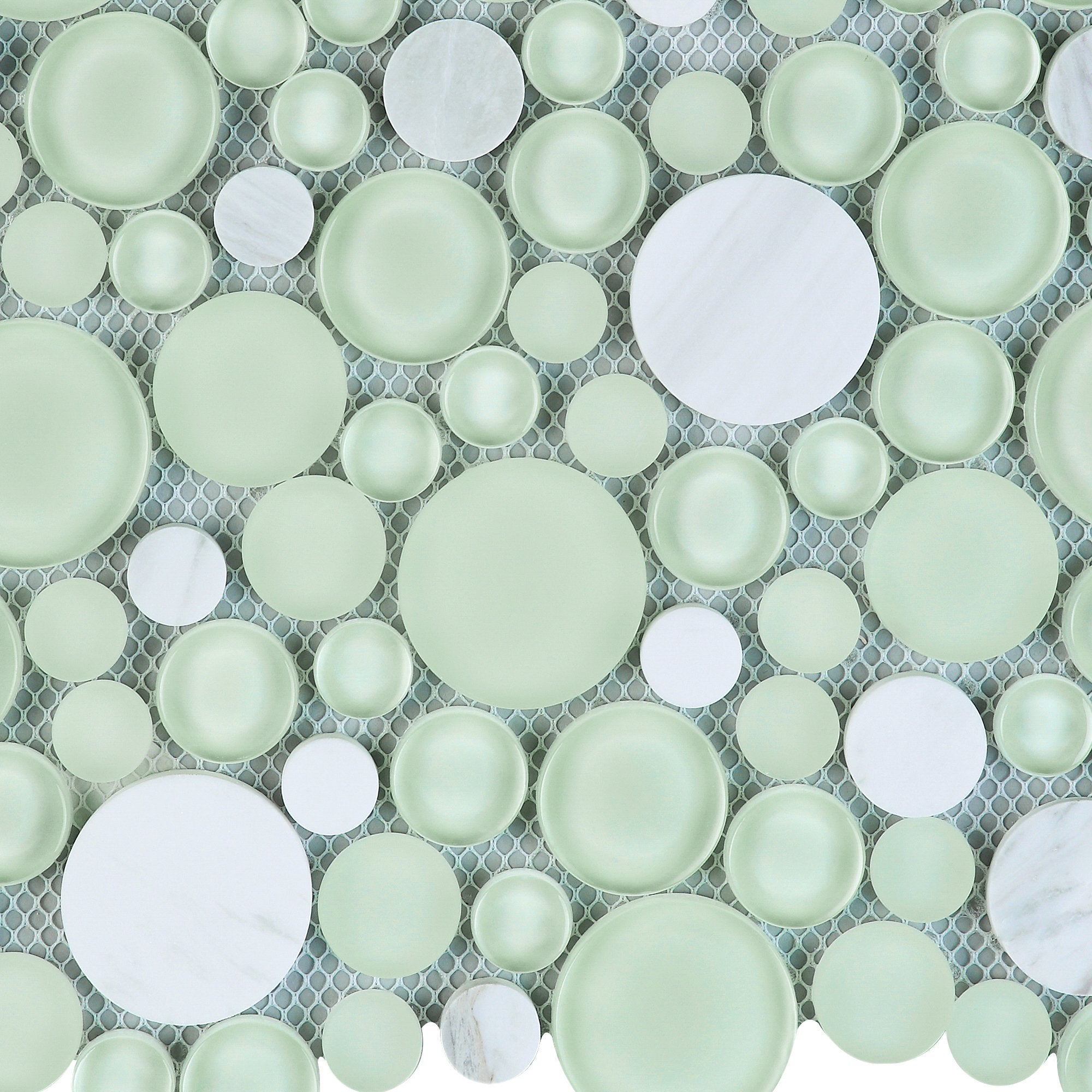 White Marble and Mint Green Glass Bubble Mosaic Tile