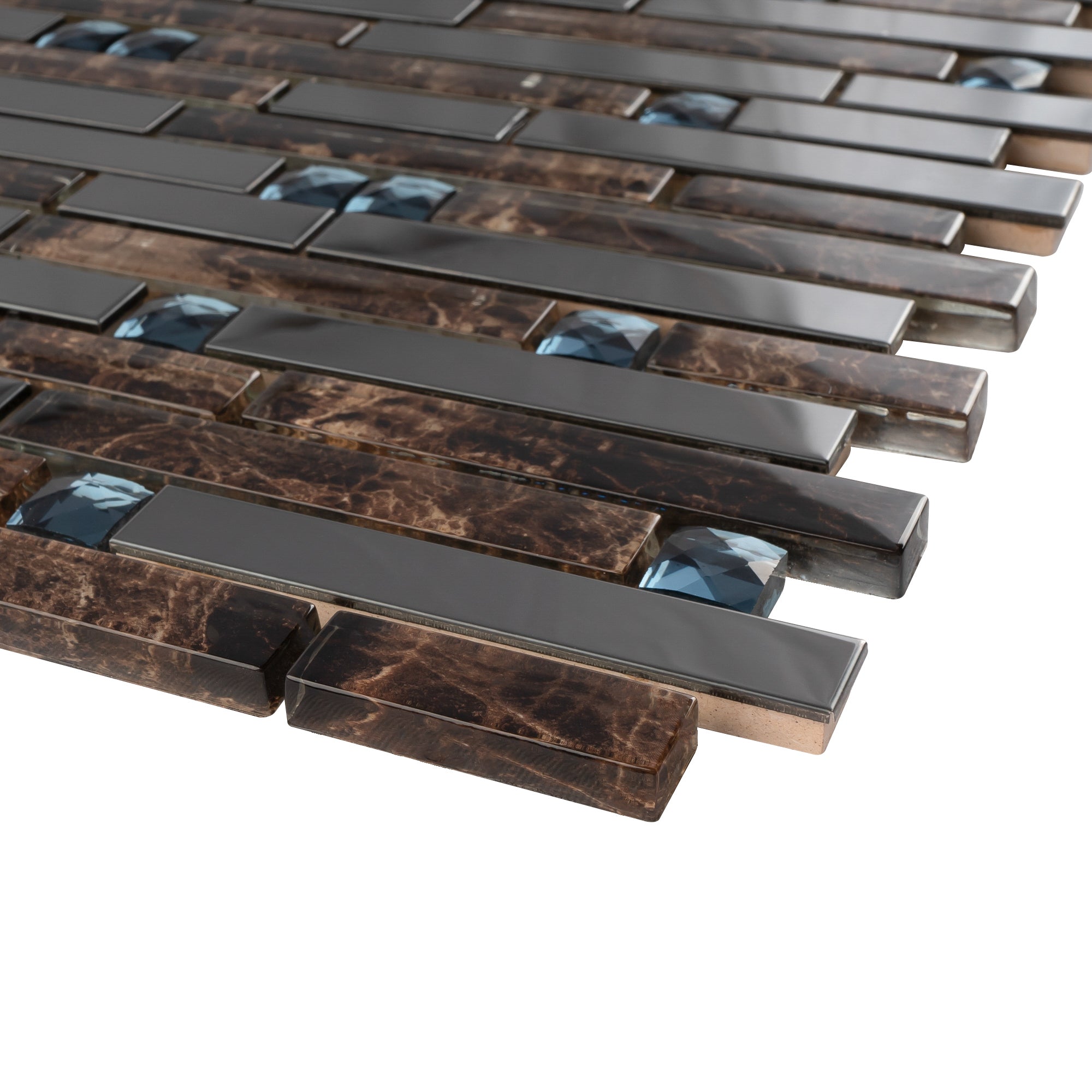 Black Stainless Steel and Emperor Brown Marble Diamond Mosaic Tile