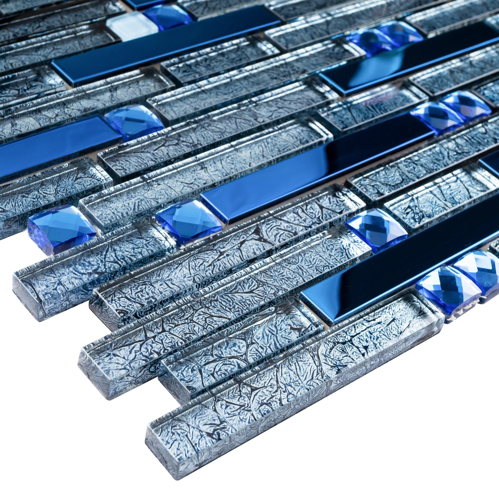 Blue Stainless Steel and Crackle Design Glass Diamond Mosaic Tile