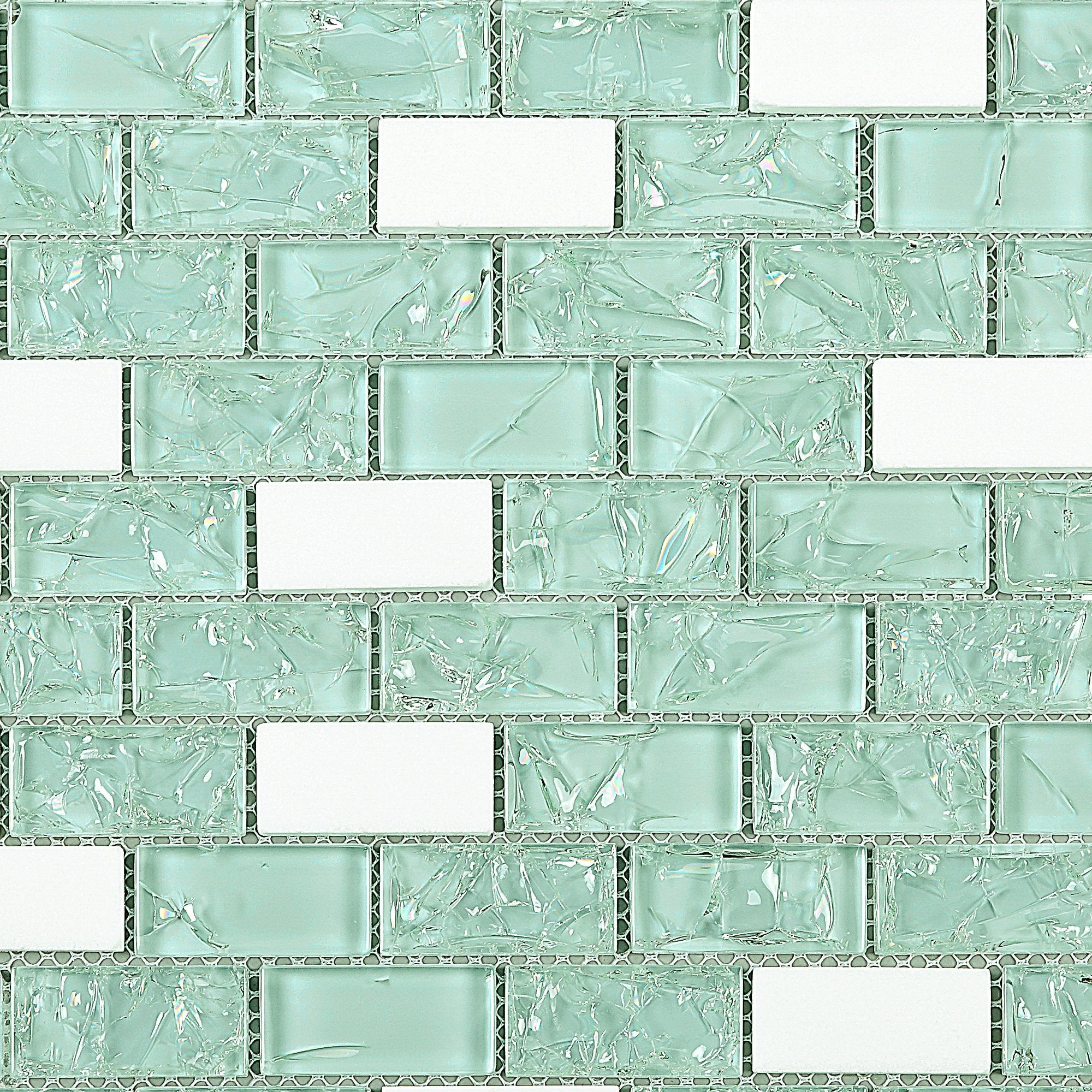 Crackle Design Green Glass and White Marble Subway Mosaic Tile