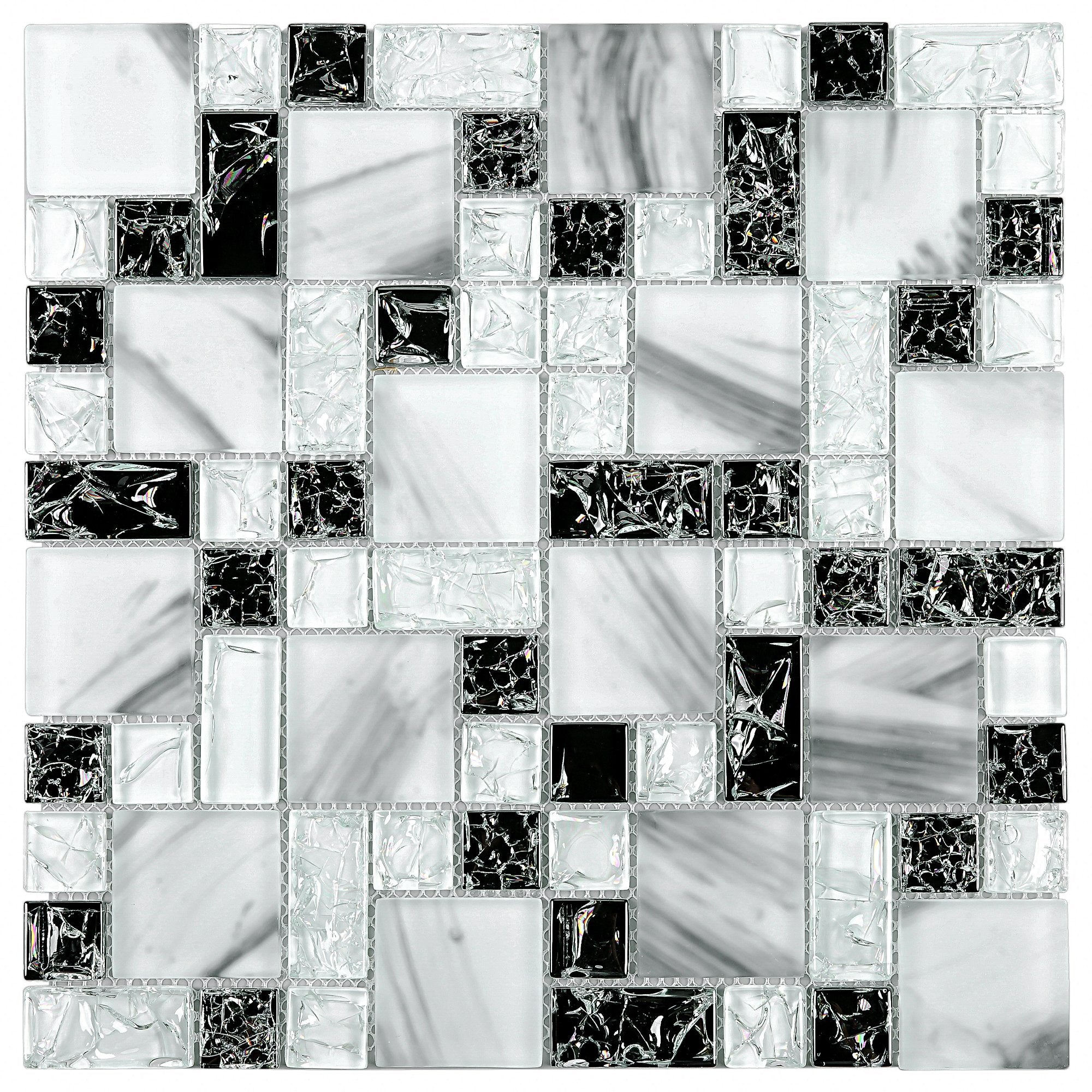 Crackle Design White Black Glass and Carrara Marble Random Square Mosaic Tile