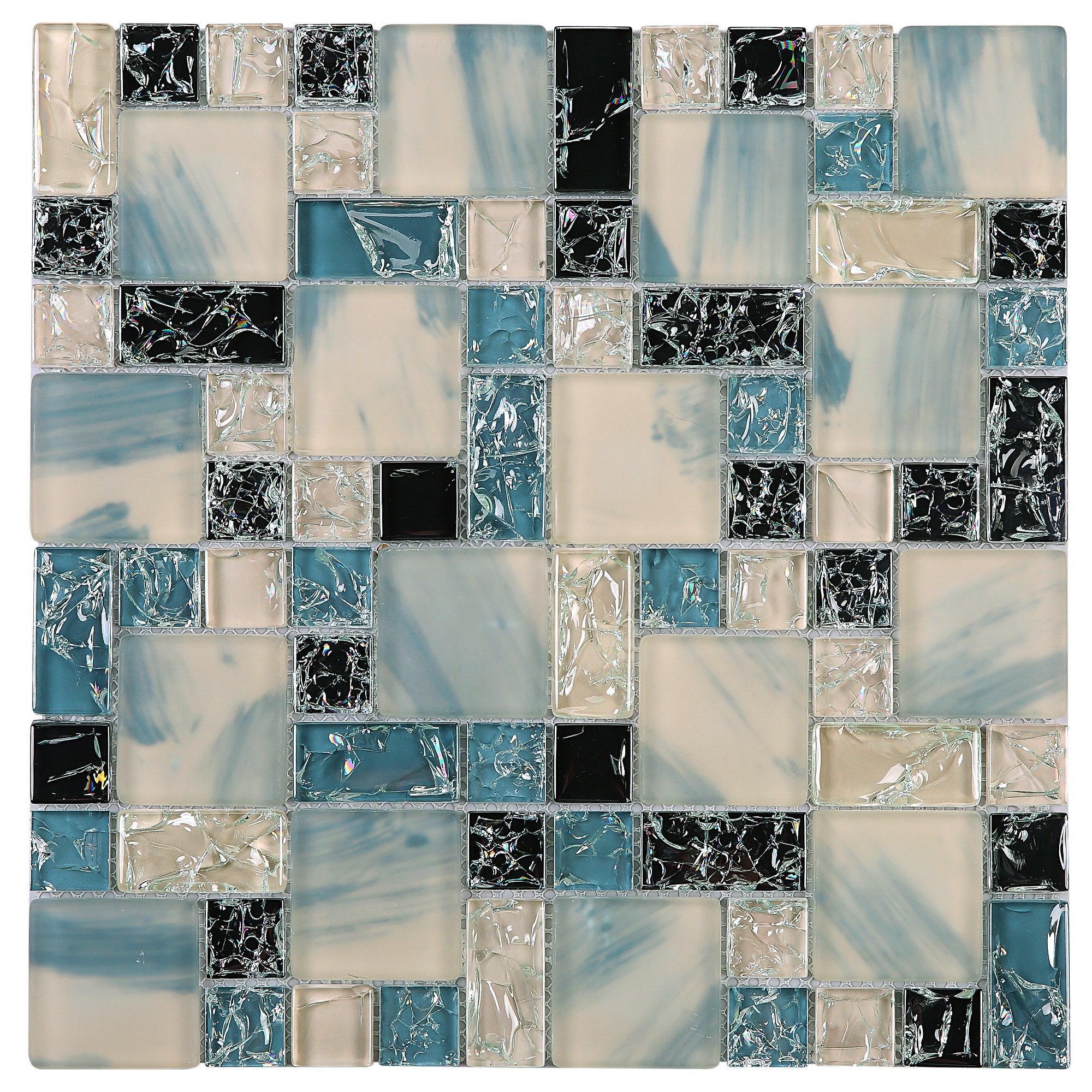 Crackle Design White Blue Black Glass Random Square Mosaic Tile