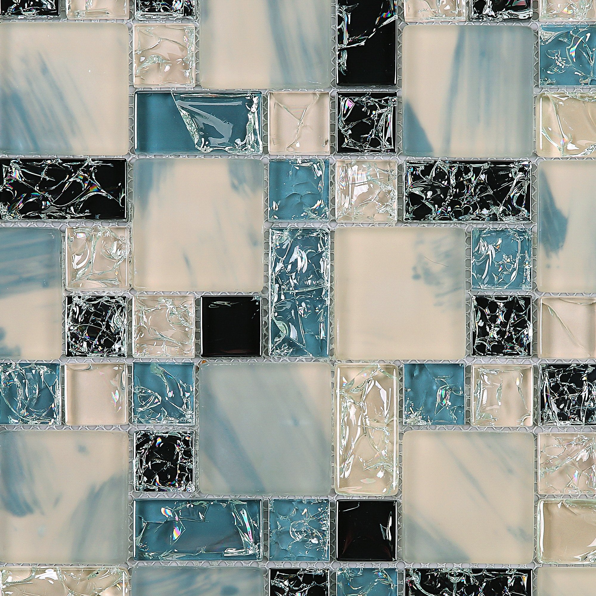 Crackle Design White Blue Black Glass Random Square Mosaic Tile