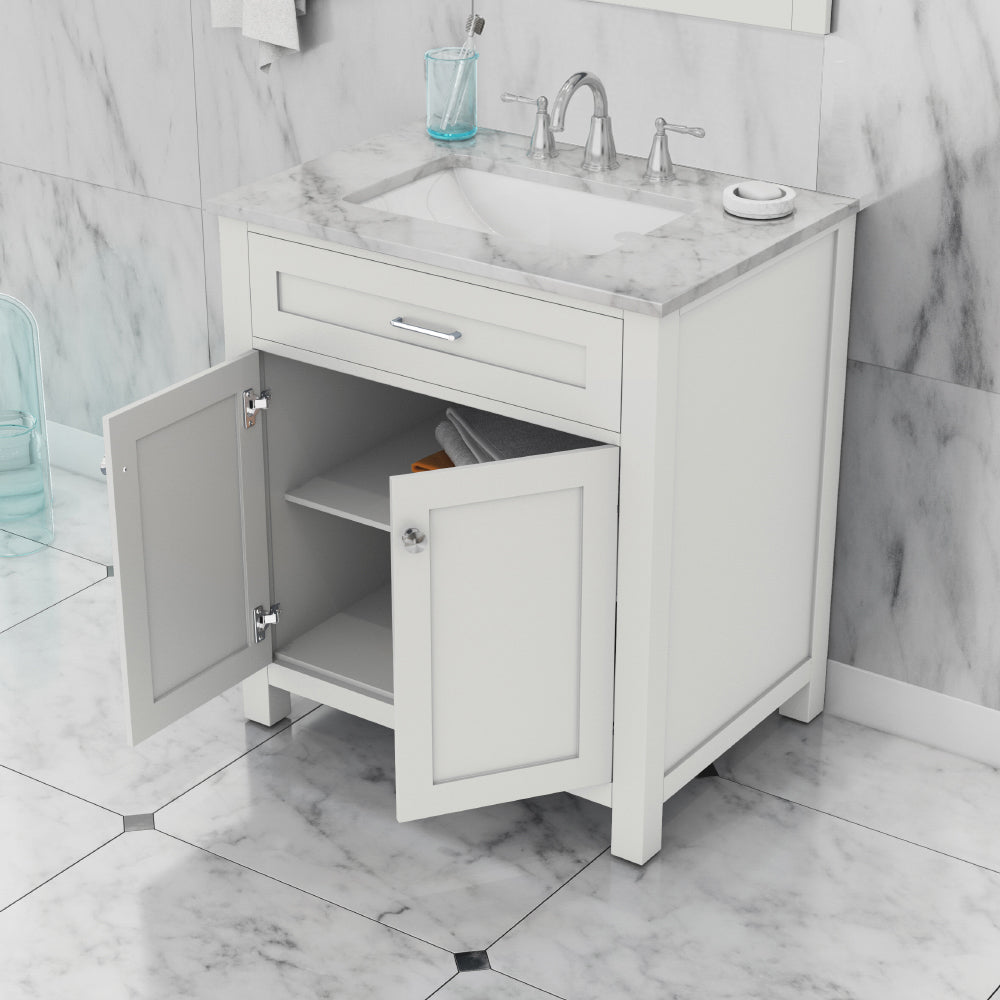 Norwalk 30 inch Vanity with Carrara Marble Top